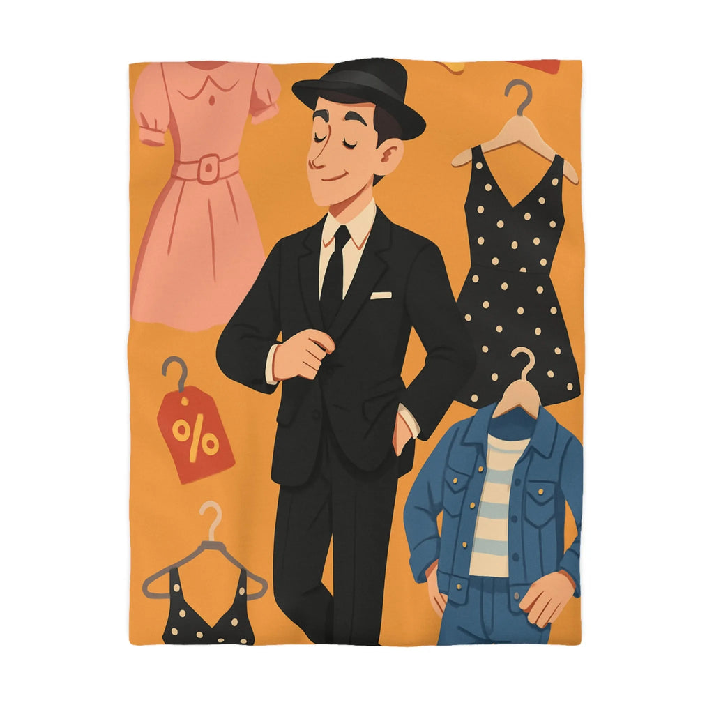 Housse de couette élégante motif magasin de vêtements homme noir et tenues rétro