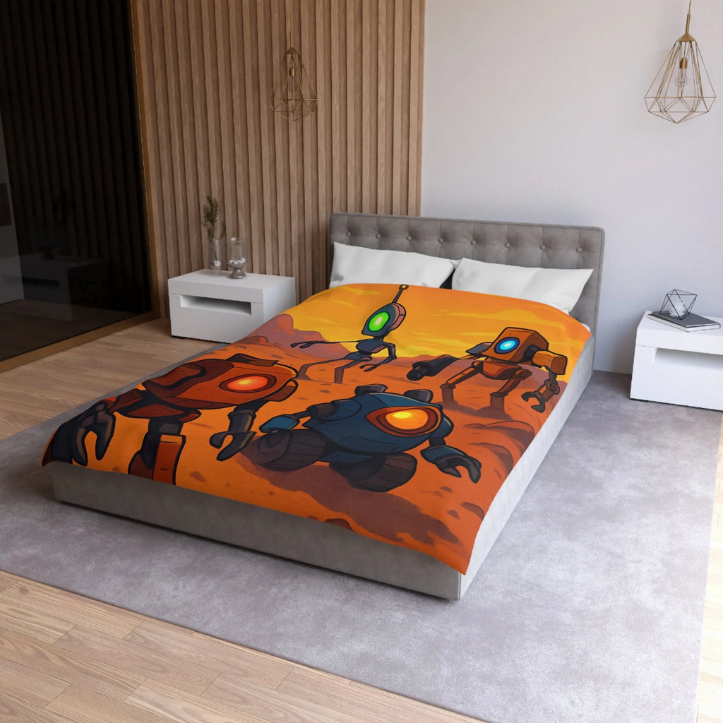 Housse de couette avec robots colorés dans un paysage désertique au coucher du soleil