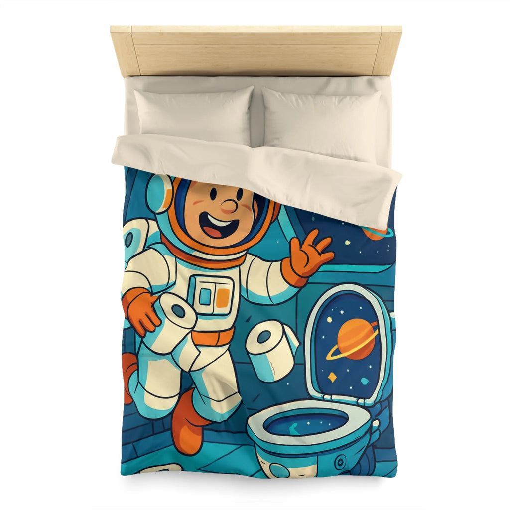 Housse de couette avec astronaute joyeux en cabine spatiale avec rouleaux flottants