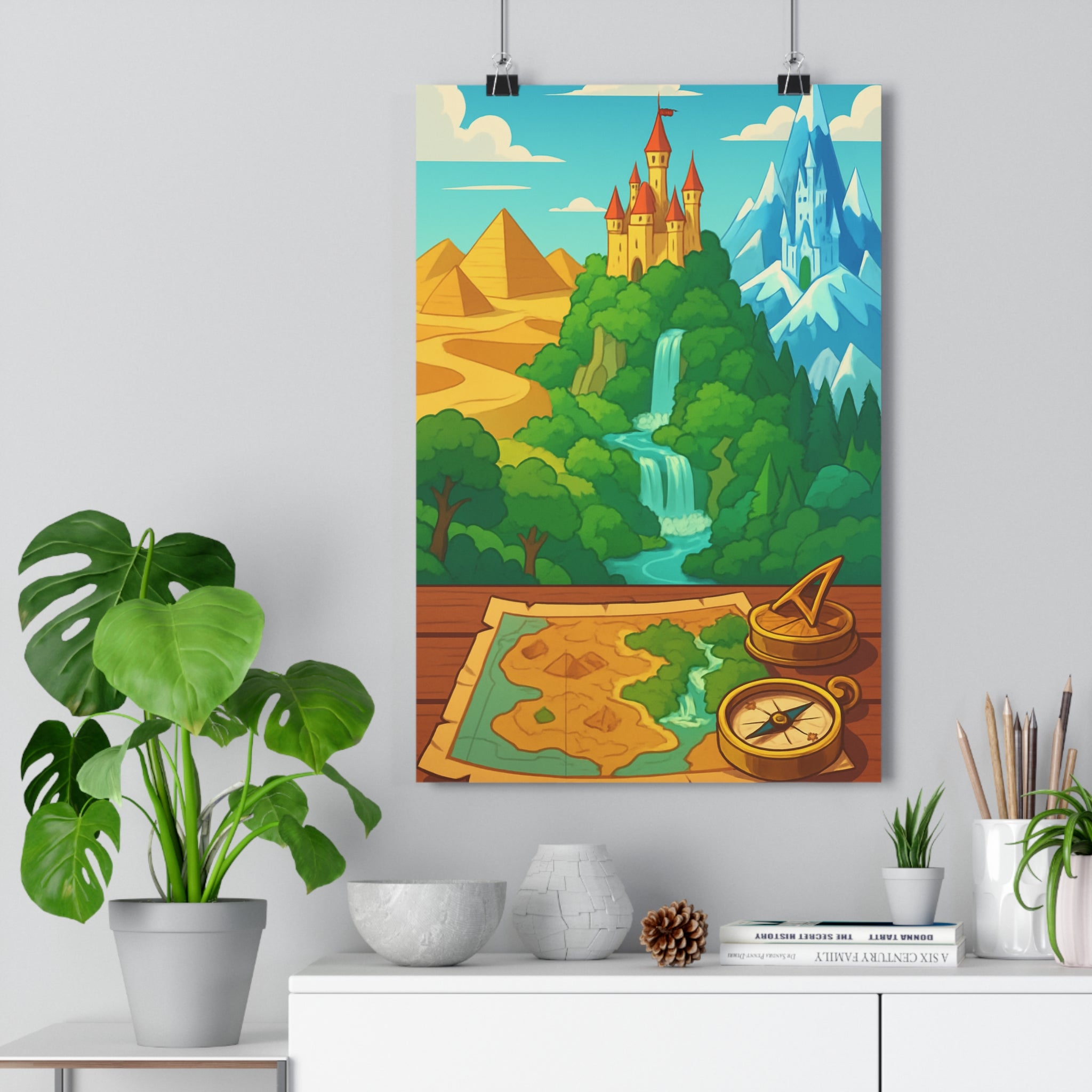 Poster décoratif aventure couleurs vives chambre bureau carte ancienne château montagne désert vibrant qualité