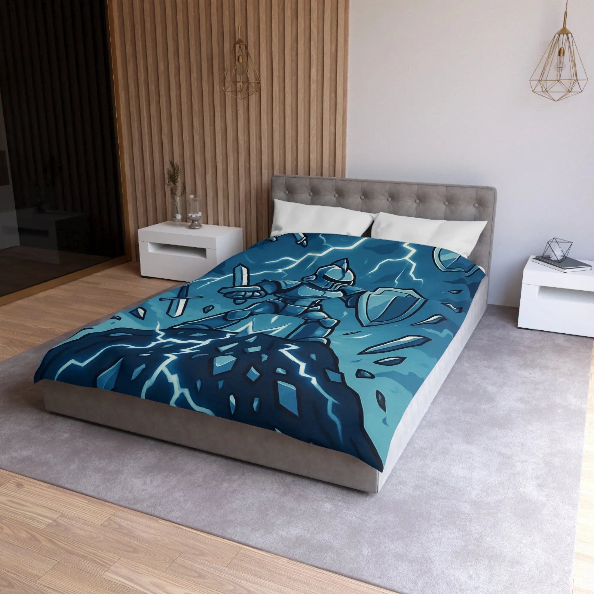 Housse de couette chevalier vaillant avec épée et bouclier sous éclairs bleus