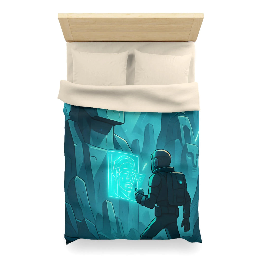 Housse de couette futuriste avec statues anciennes et explorateur dans une ambiance lumineuse néon
