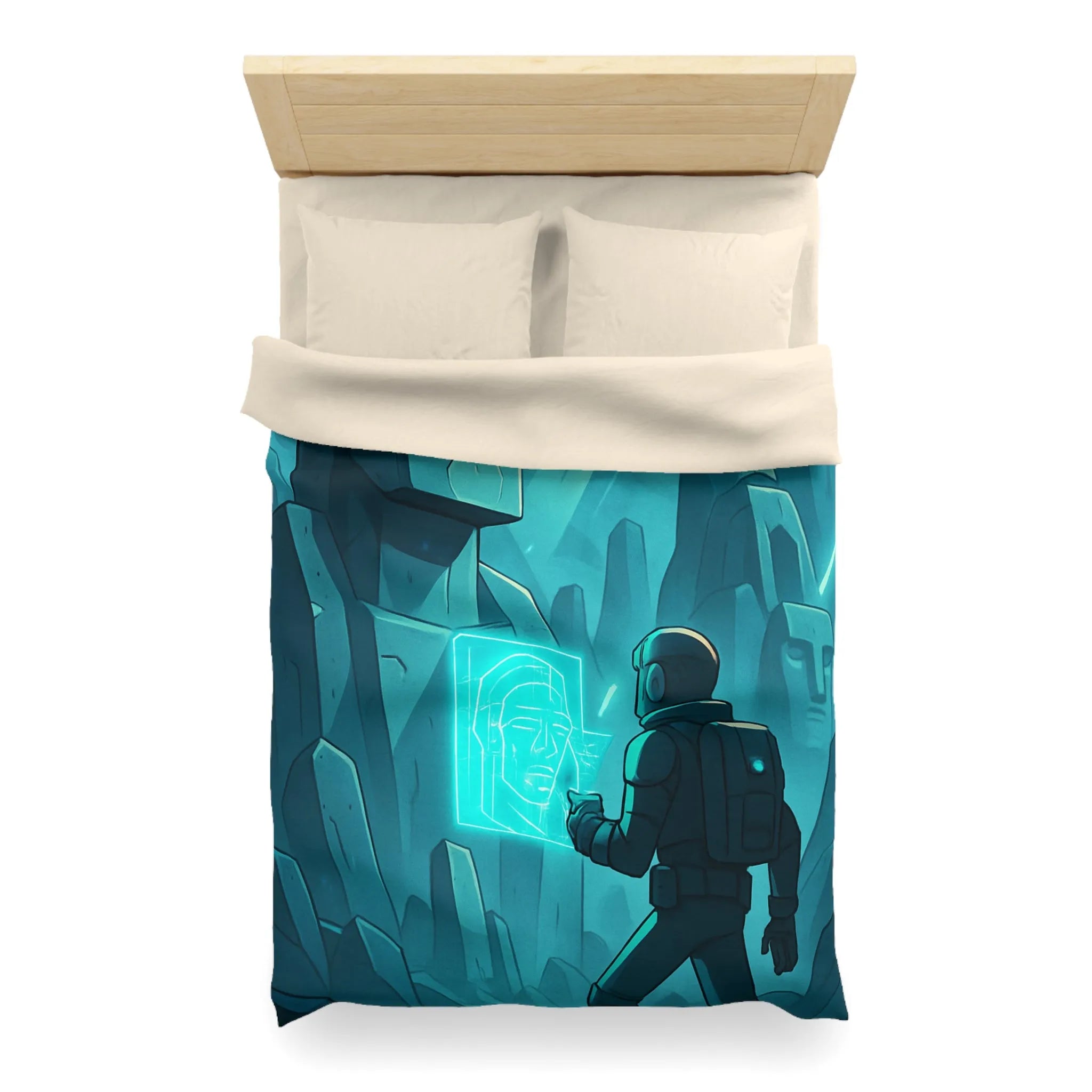 Housse de couette futuriste avec statues anciennes et explorateur dans une ambiance lumineuse néon