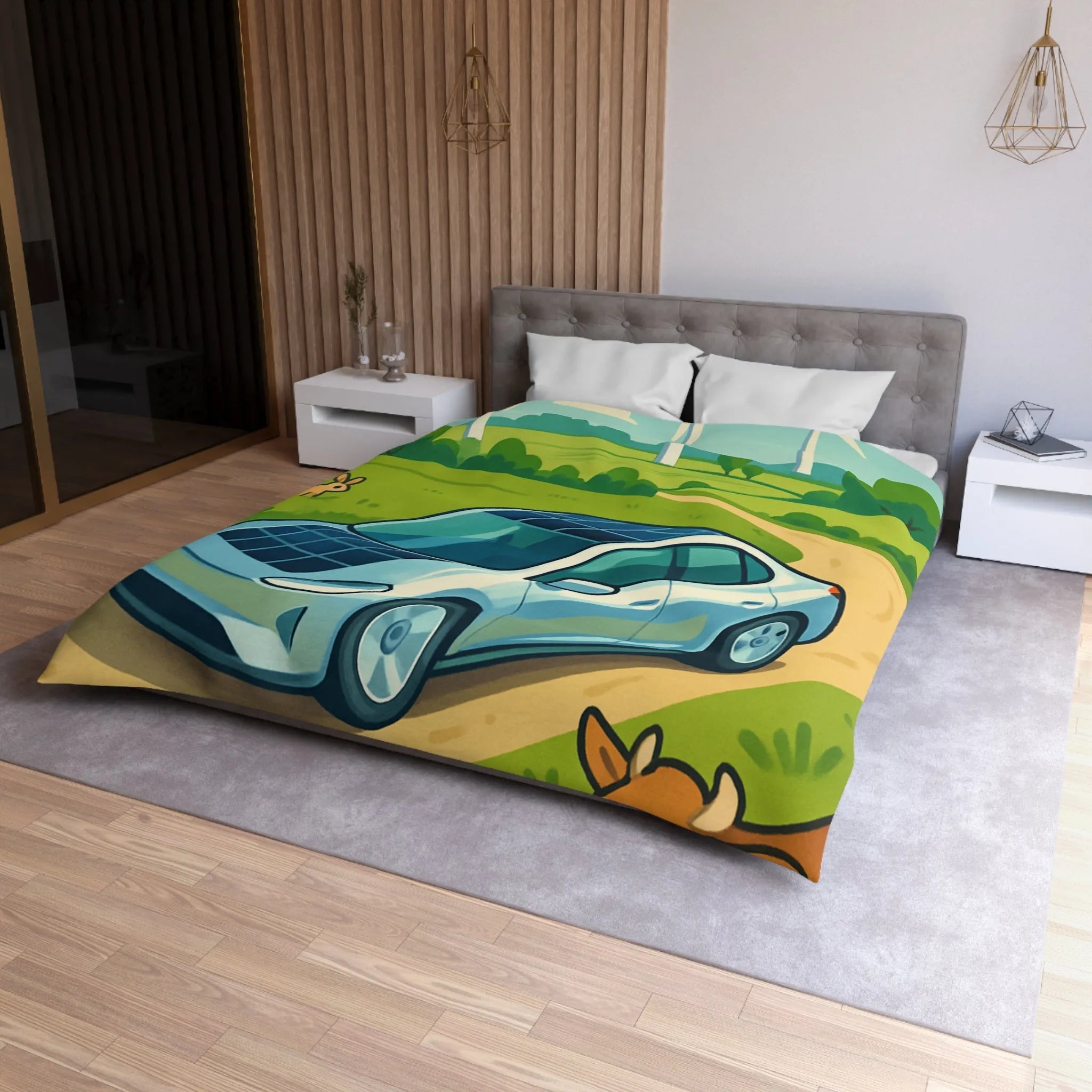 Housse de couette écologique avec voiture solaire, éoliennes et animaux dans la nature