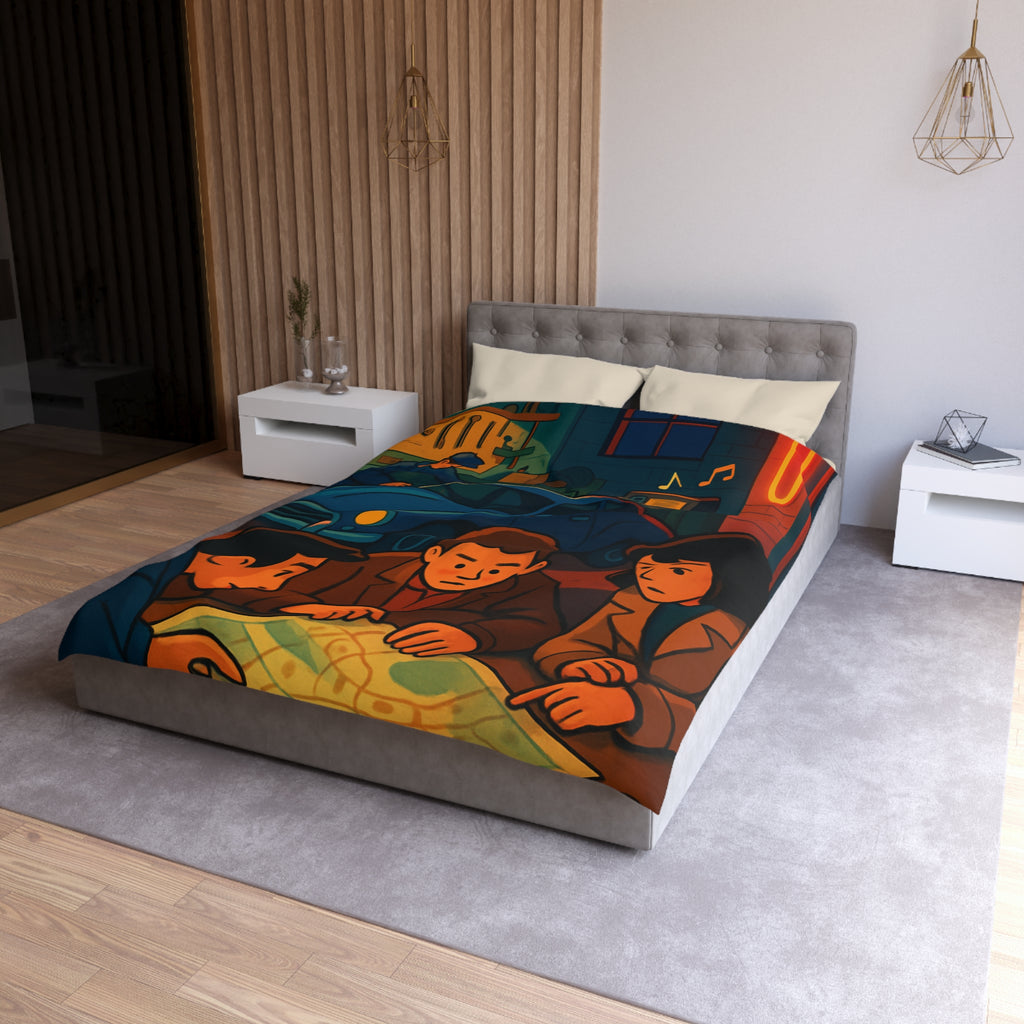 Housse de couette vintage ambiance atelier auto avec carte et personnages concentrés