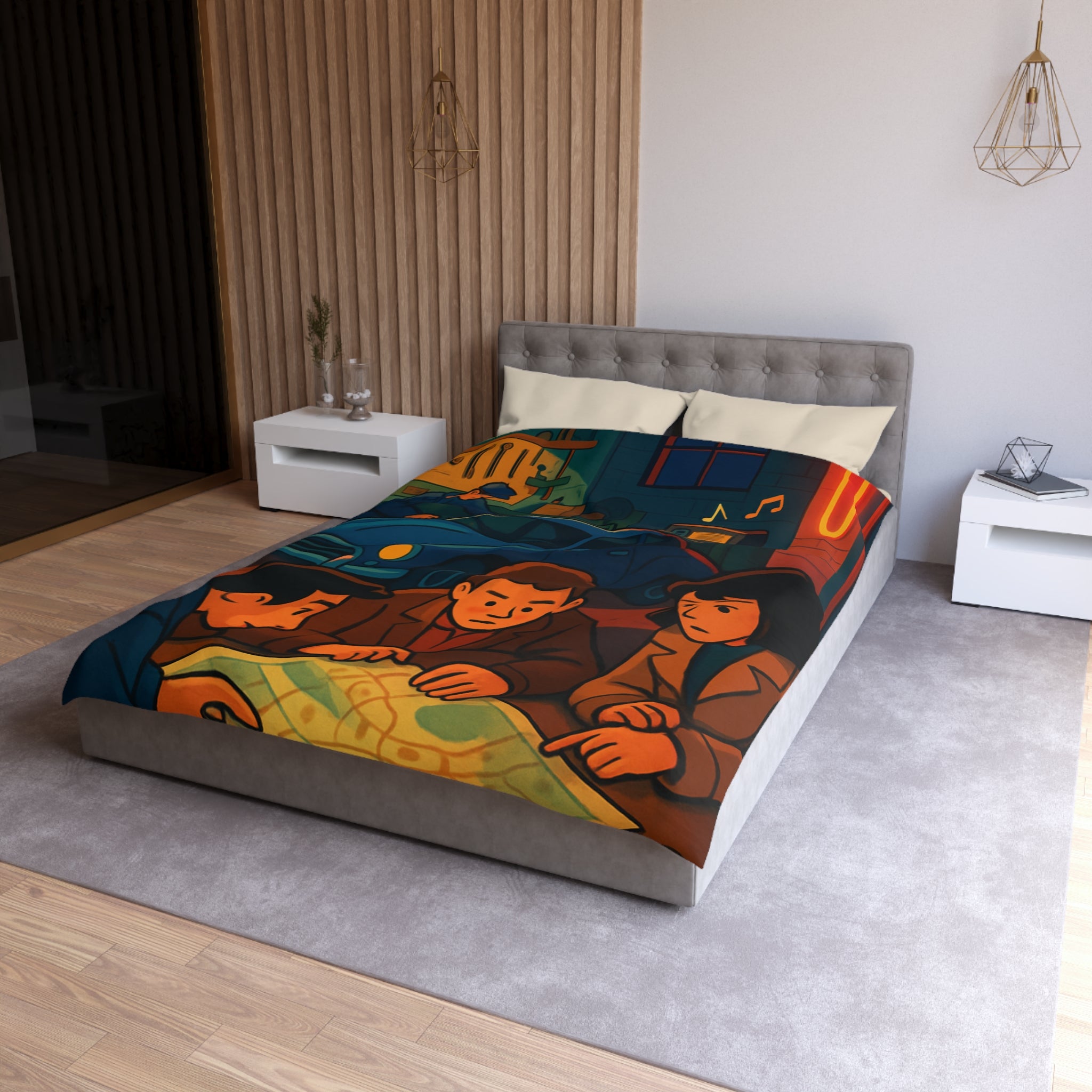 Housse de couette vintage ambiance atelier auto avec carte et personnages concentrés