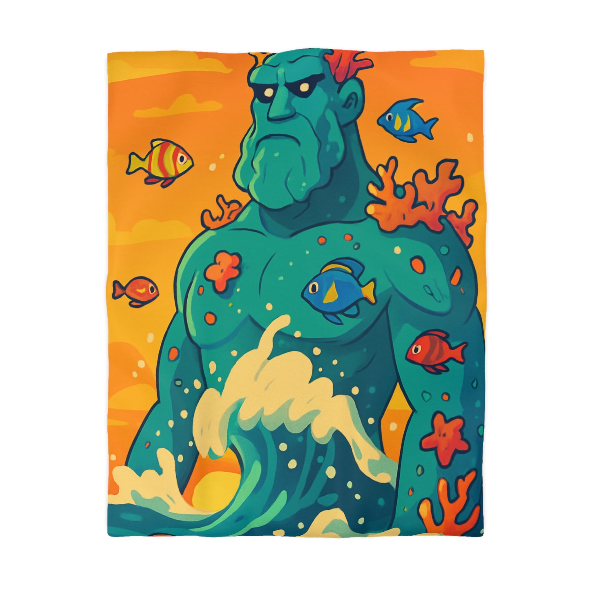 Housse de Couette Océanique avec Illustration Vibrante de Neptune et Poissons Multicolores