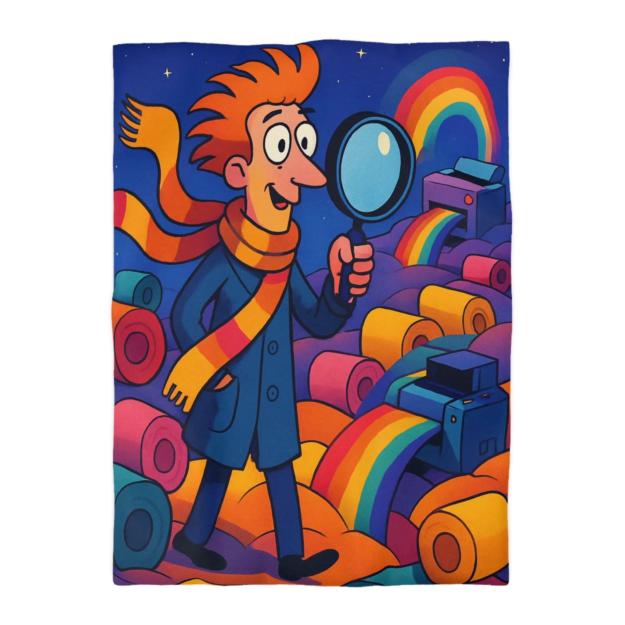 Explorez les couleurs et mystères sur housse de couette lumineuse avec détective fantaisiste