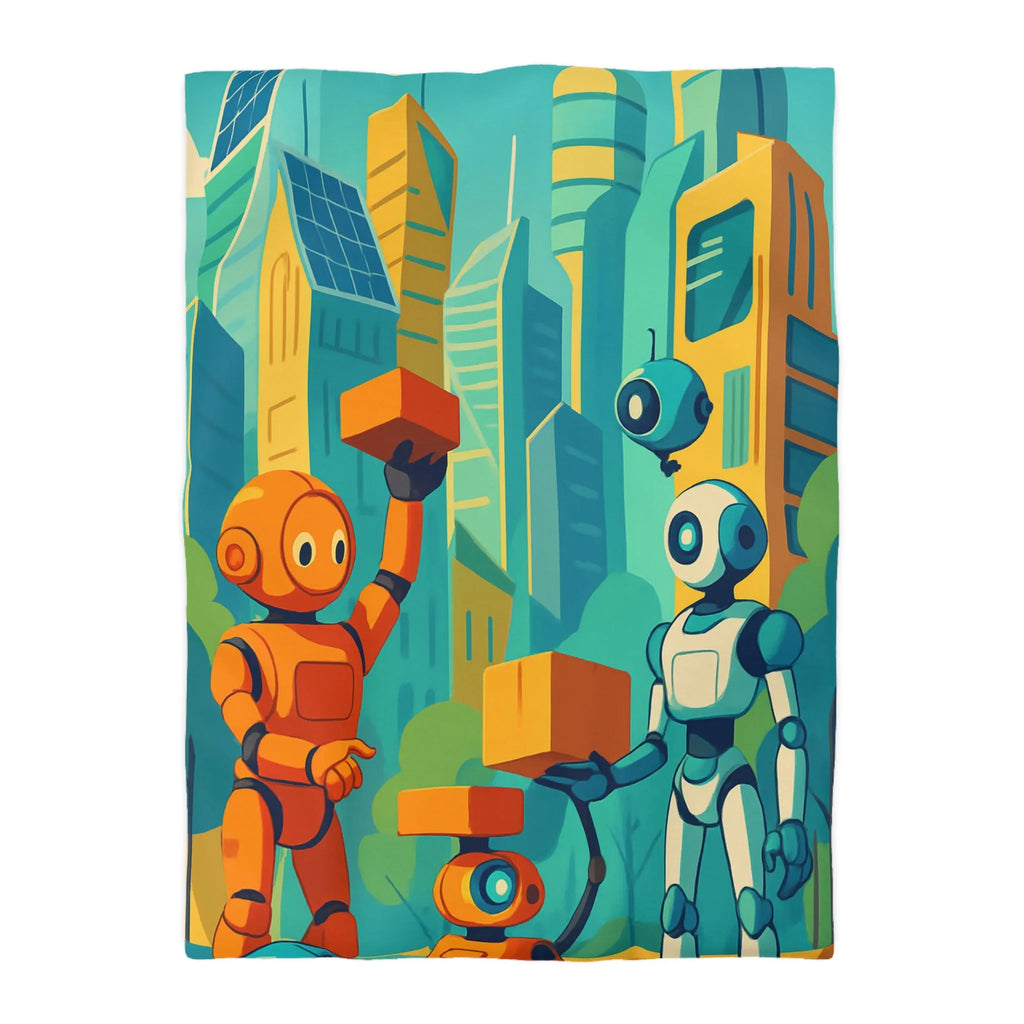 Housse de couette futuriste avec robots colorés dans une ville moderne lumineuse