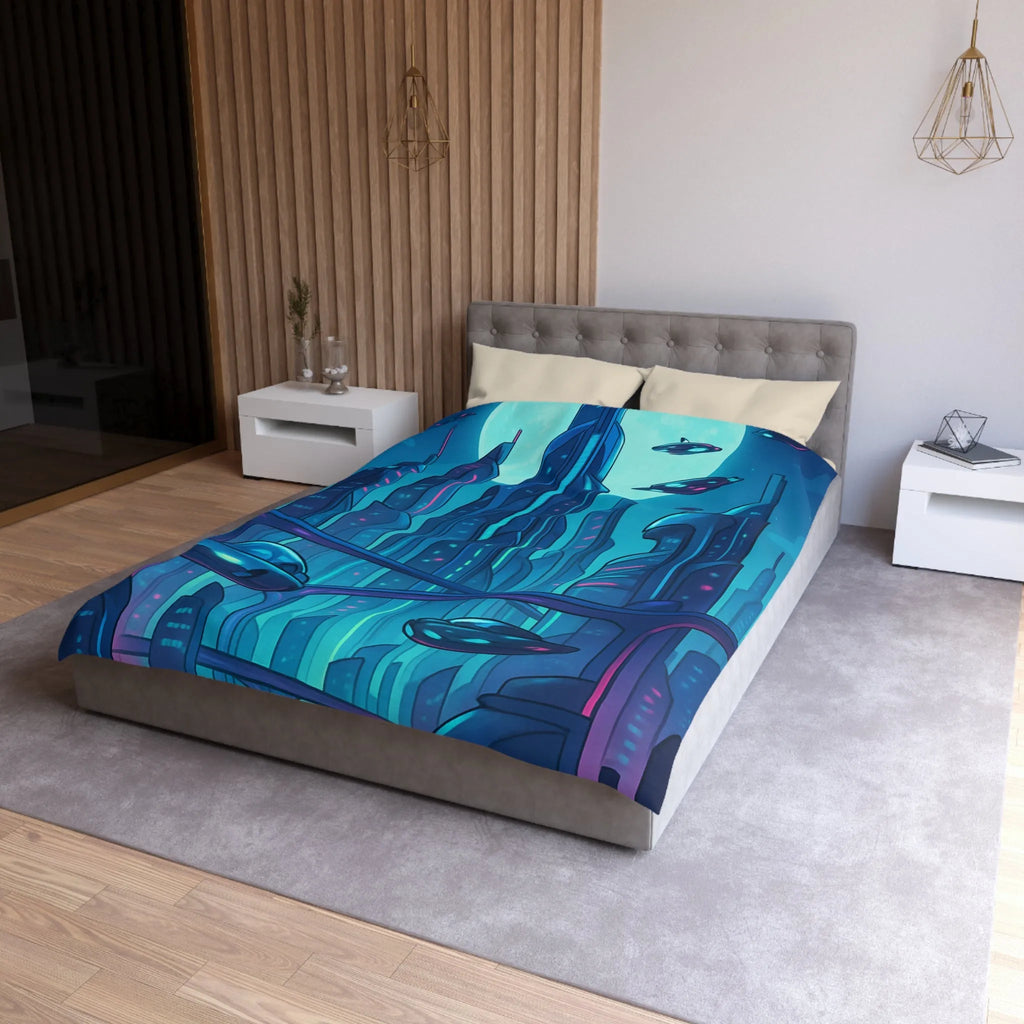 Housse de couette futuriste avec ville néon et vaisseaux spatiaux sous pleine lune