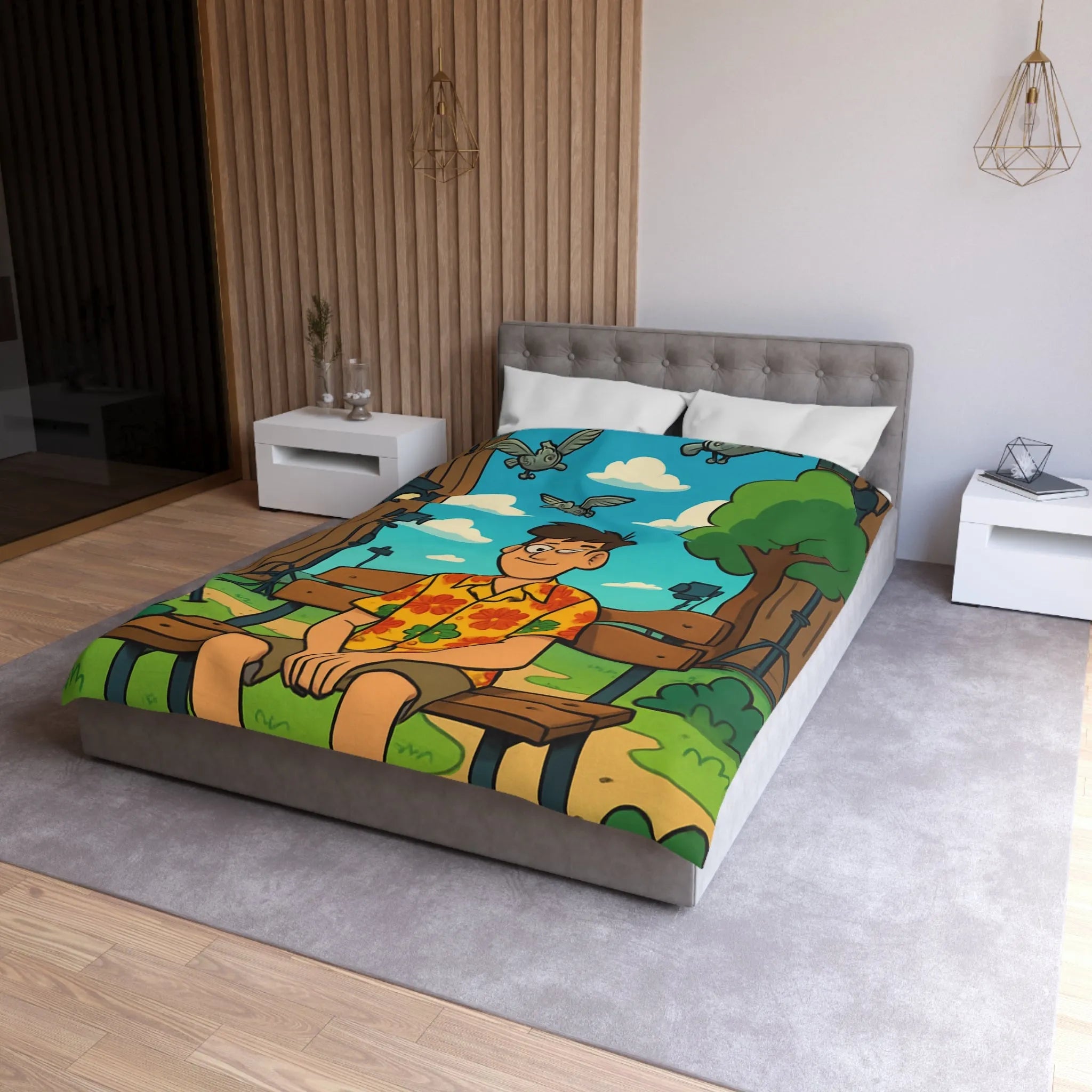 Housse de couette amusante avec motif de banc, homme et oiseaux volants