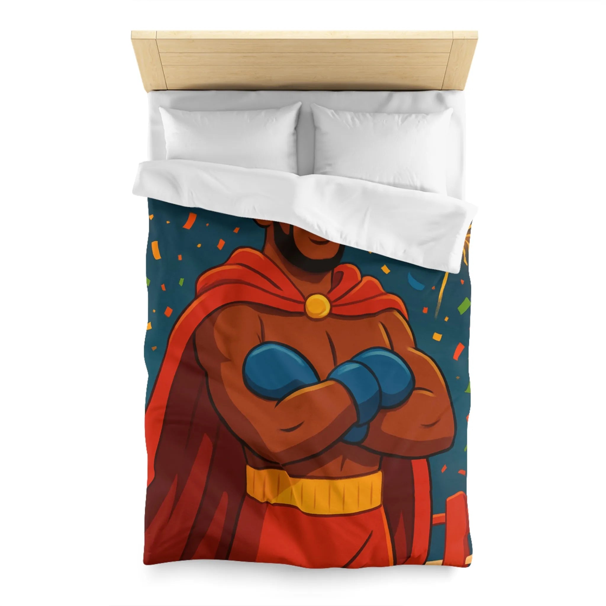 Housse de couette colorée avec boxeur couronné, cape rouge et feux d'artifice