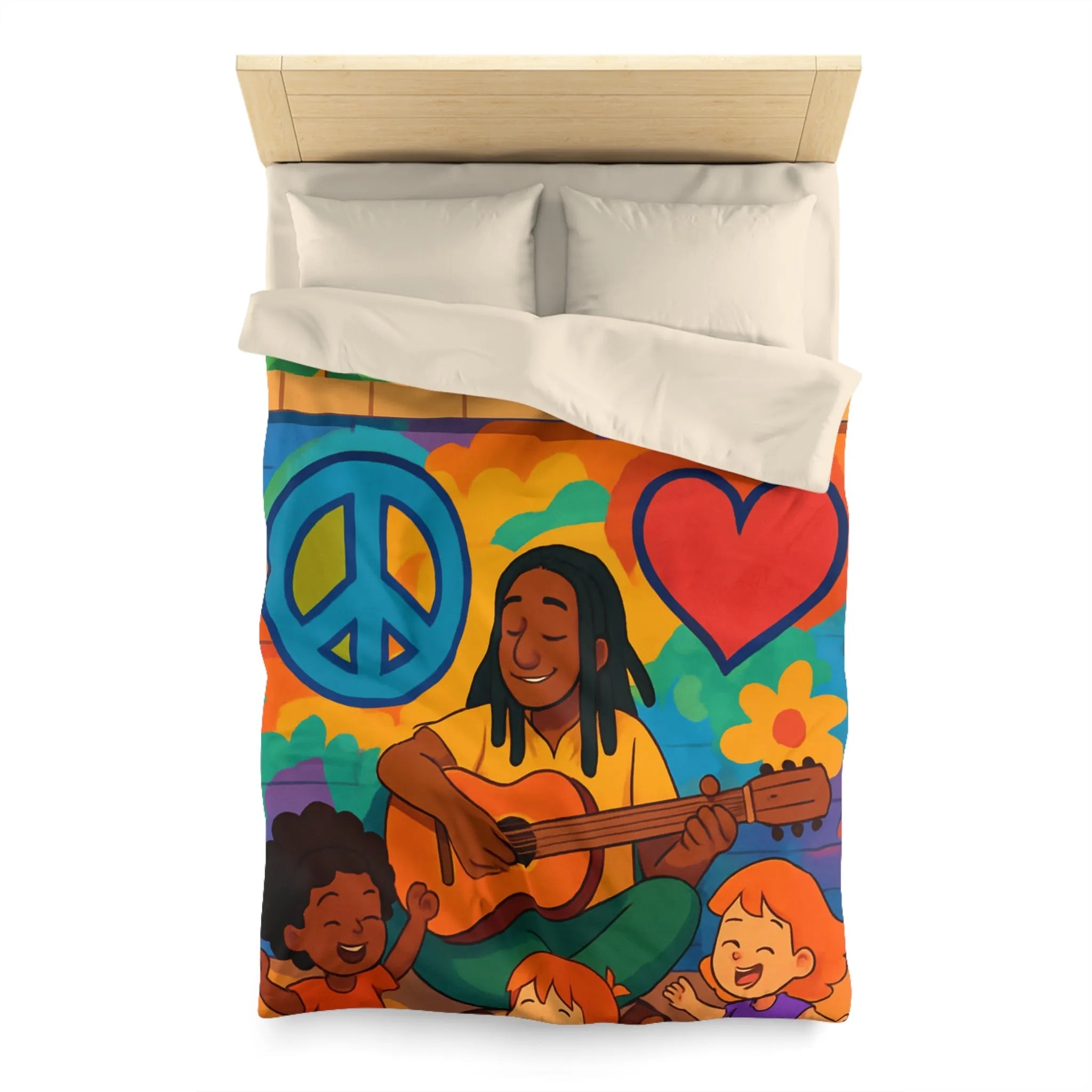 Housse de Couette Colorée avec Musicien Jouant de la Guitare pour Enfants Heureux