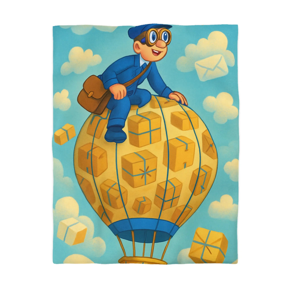 Housse de couette colorée avec montgolfière et livreur volant dans le ciel animés