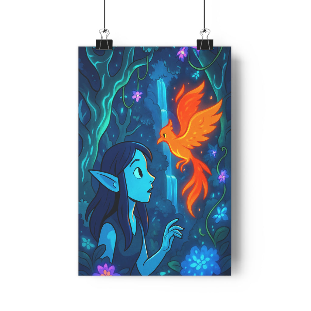 Poster décoratif mystique cartoon bleu orange vert forêt chambre salon vibrant nature cascade créature