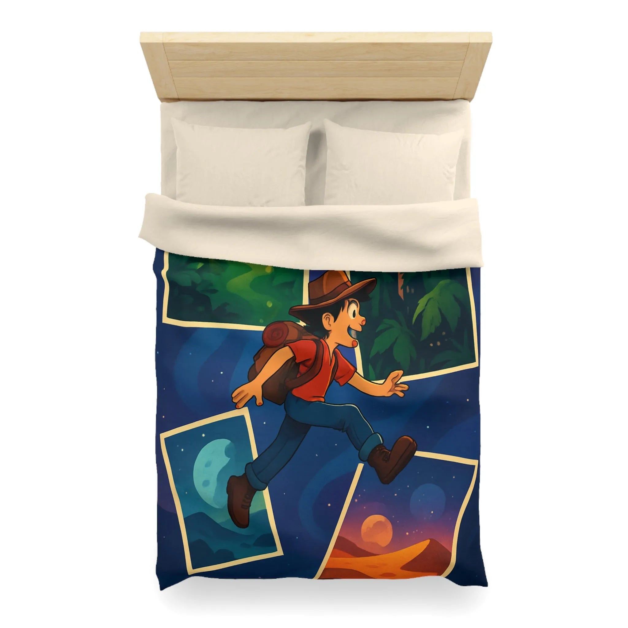 Housse de couette colorée avec illustrations d'aventure forêt, ville, désert, espace