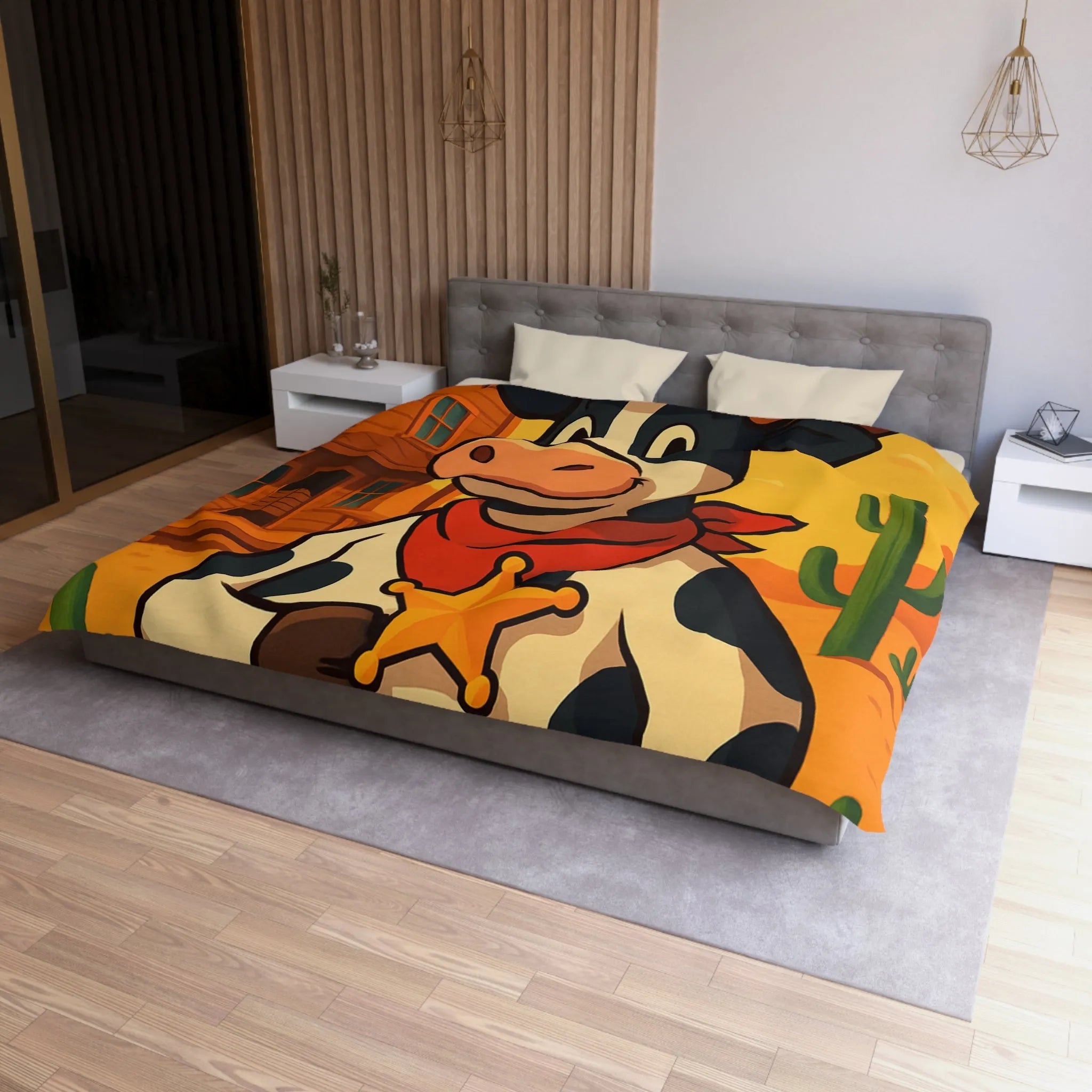 Housse de Couette Enfant avec Vache Cow-boy dans Paysage Désertique Coloré et Amusant