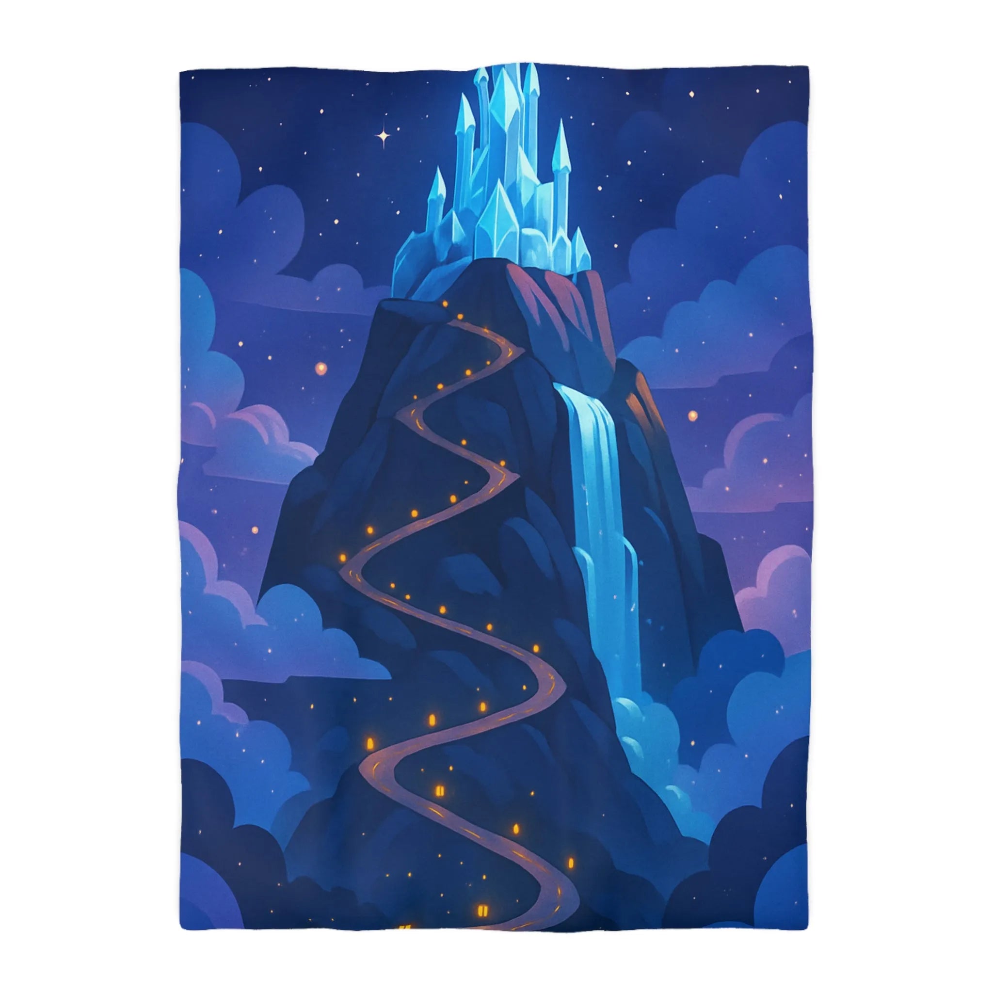 Housse de couette avec château glacé sur montagne illuminée sous ciel étoilé féerique
