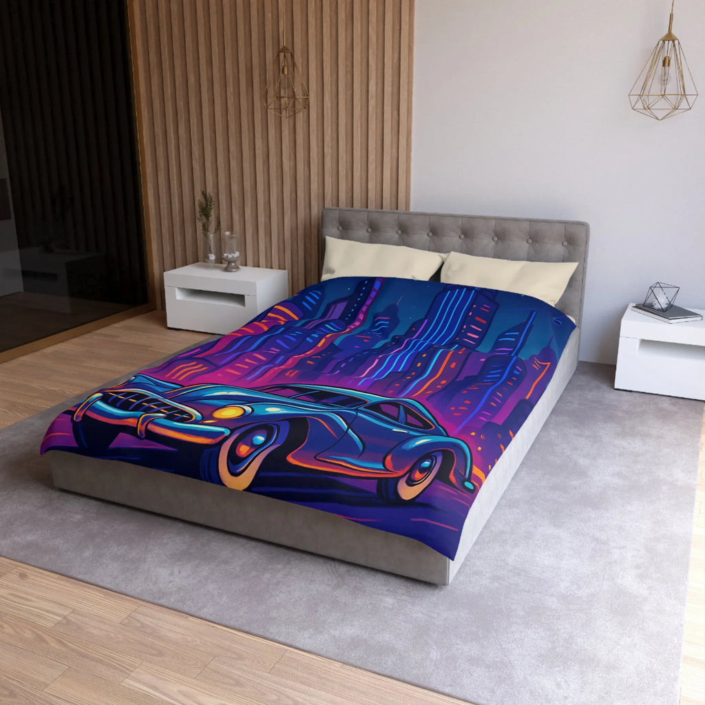 Housse de Couette Futuriste avec Voiture Vintage et Ville Lumineuse Style Néon