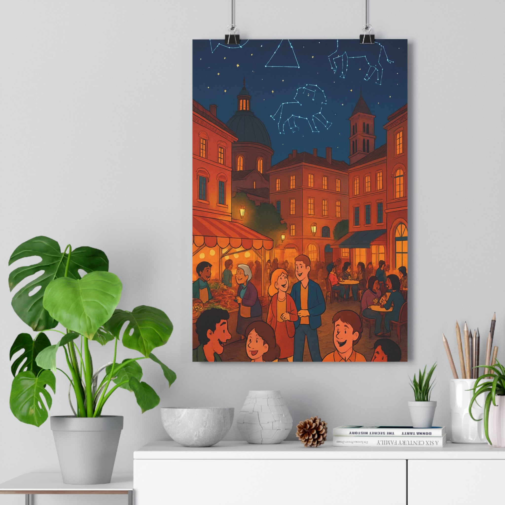 Poster décoratif magique pastel ville nuit étoilée ambiance joyeuse salon chambre murale tendance moderne