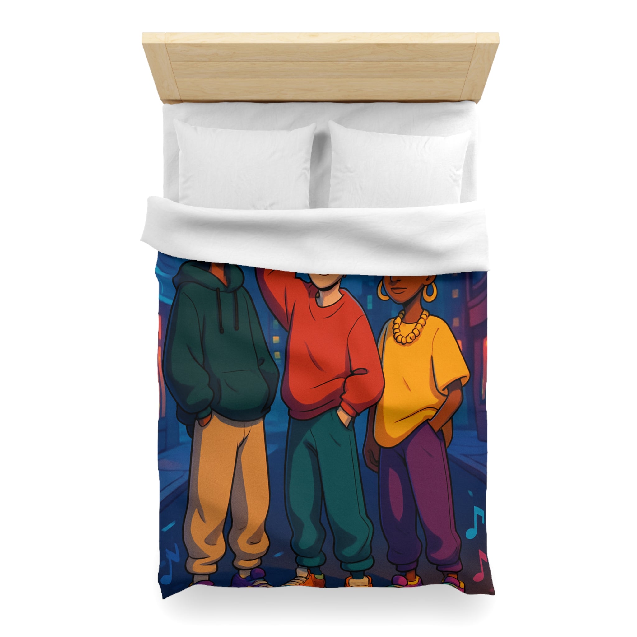 Housse de couette urbaine colorée avec adolescents et radio cassette dans la rue nocturne