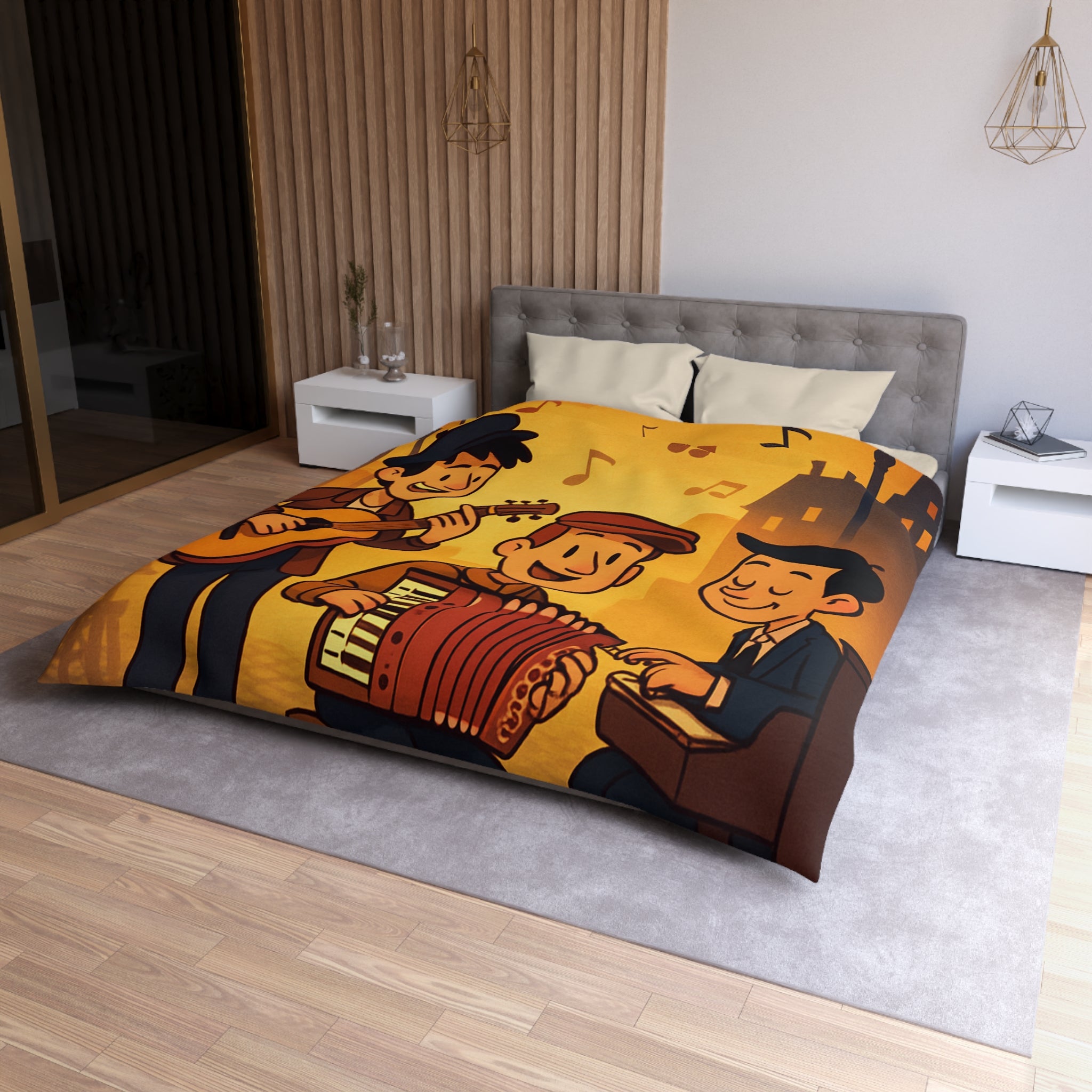 Housse de couette vintage ambiance musicale jazz avec trio de musiciens lumineux