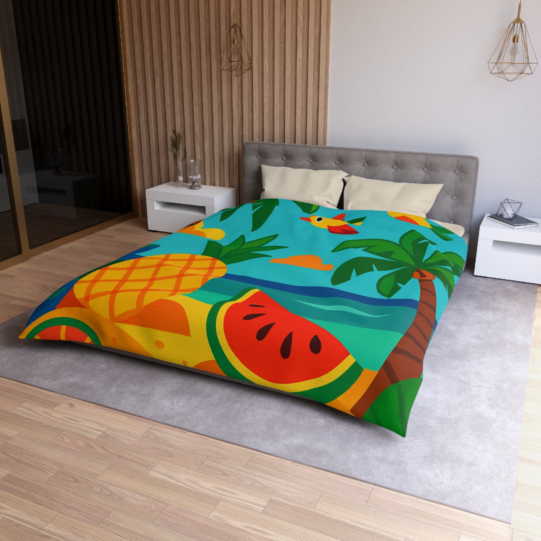 Housse de couette tropicale colorée avec fruits exotiques et oiseaux vibrants sur la plage