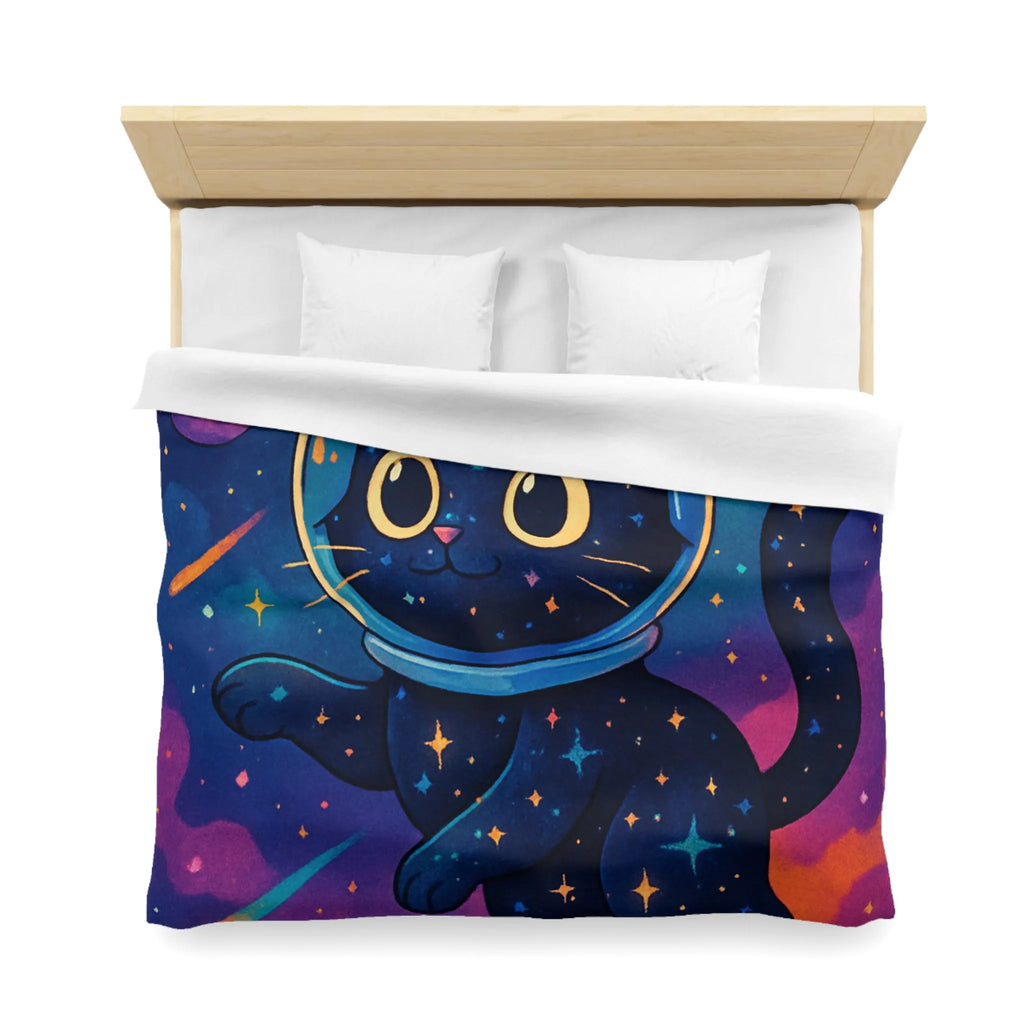 Housse de couette chat cosmique dans l’espace avec étoiles et planètes colorées