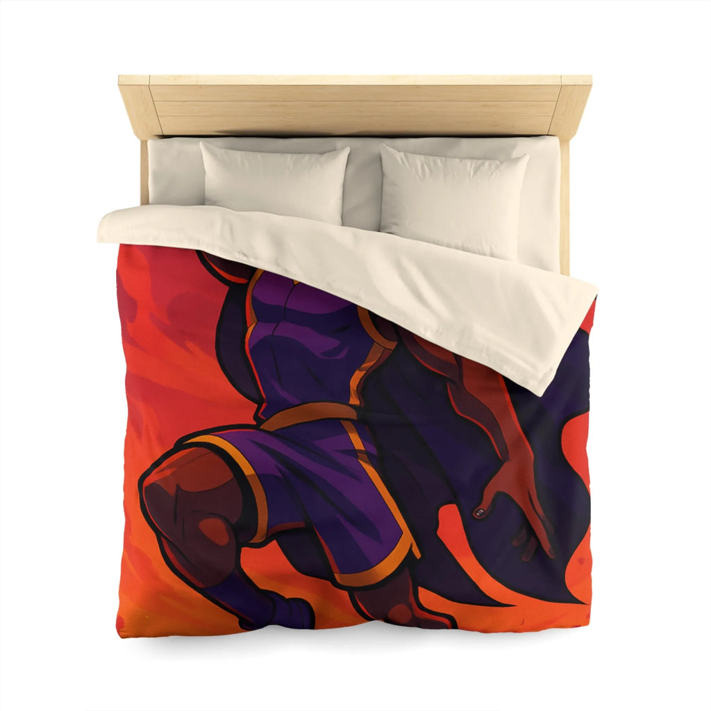 Housse de couette homme volant avec cape et ballon lumineux sur fond orange