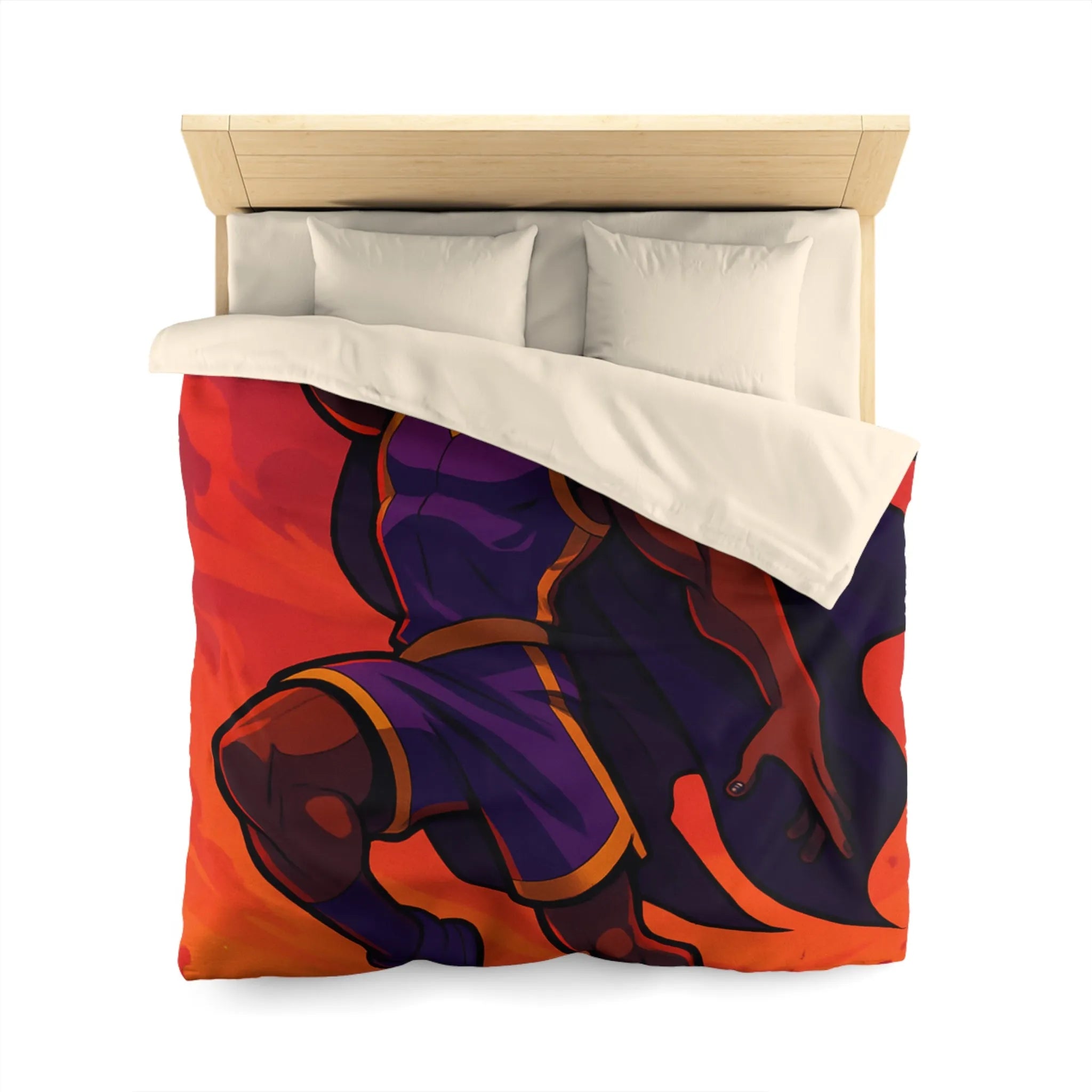 Housse de couette homme volant avec cape et ballon lumineux sur fond orange