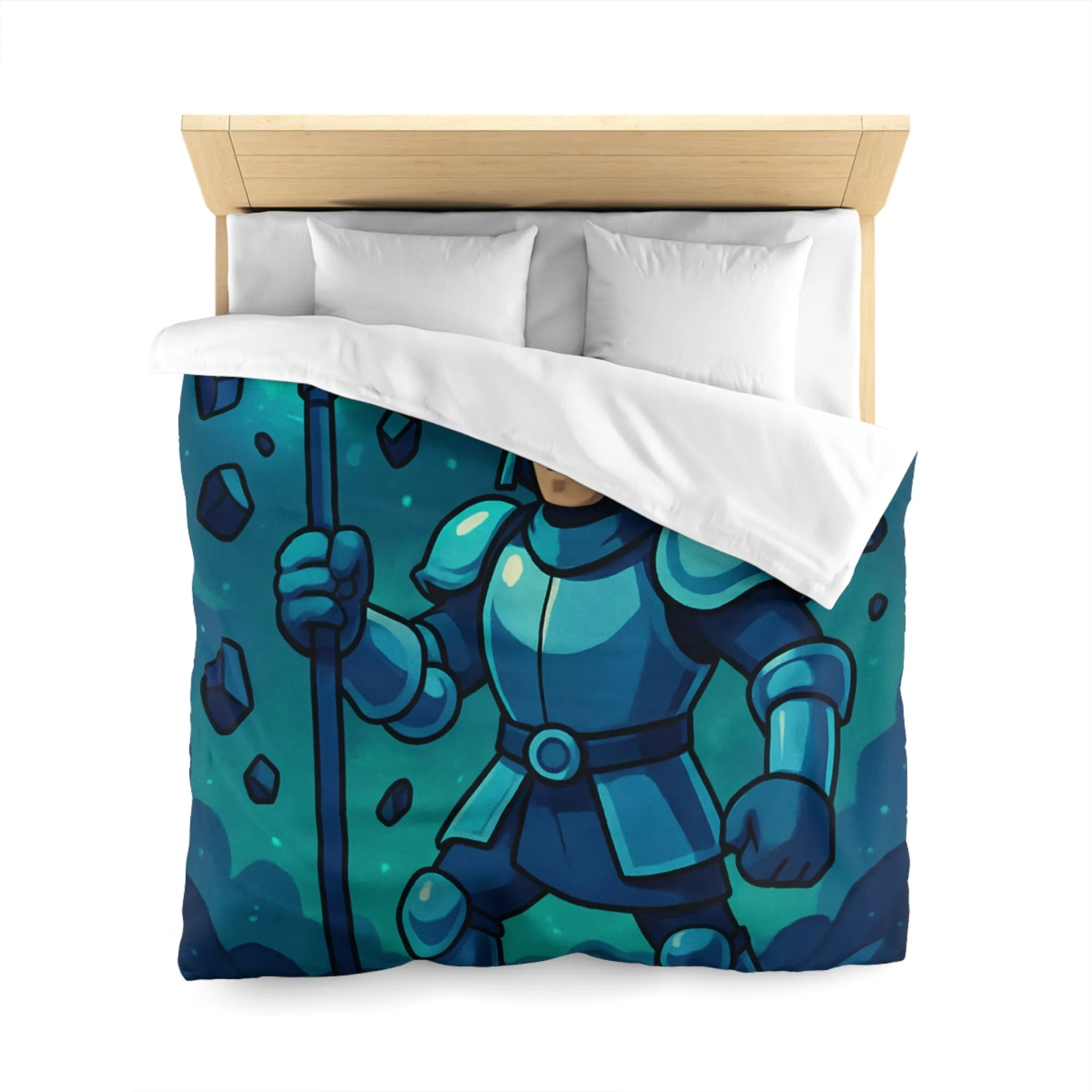 Housse de couette chevalier bleu avec sceptre magique et pierres précieuses sur fond nocturne