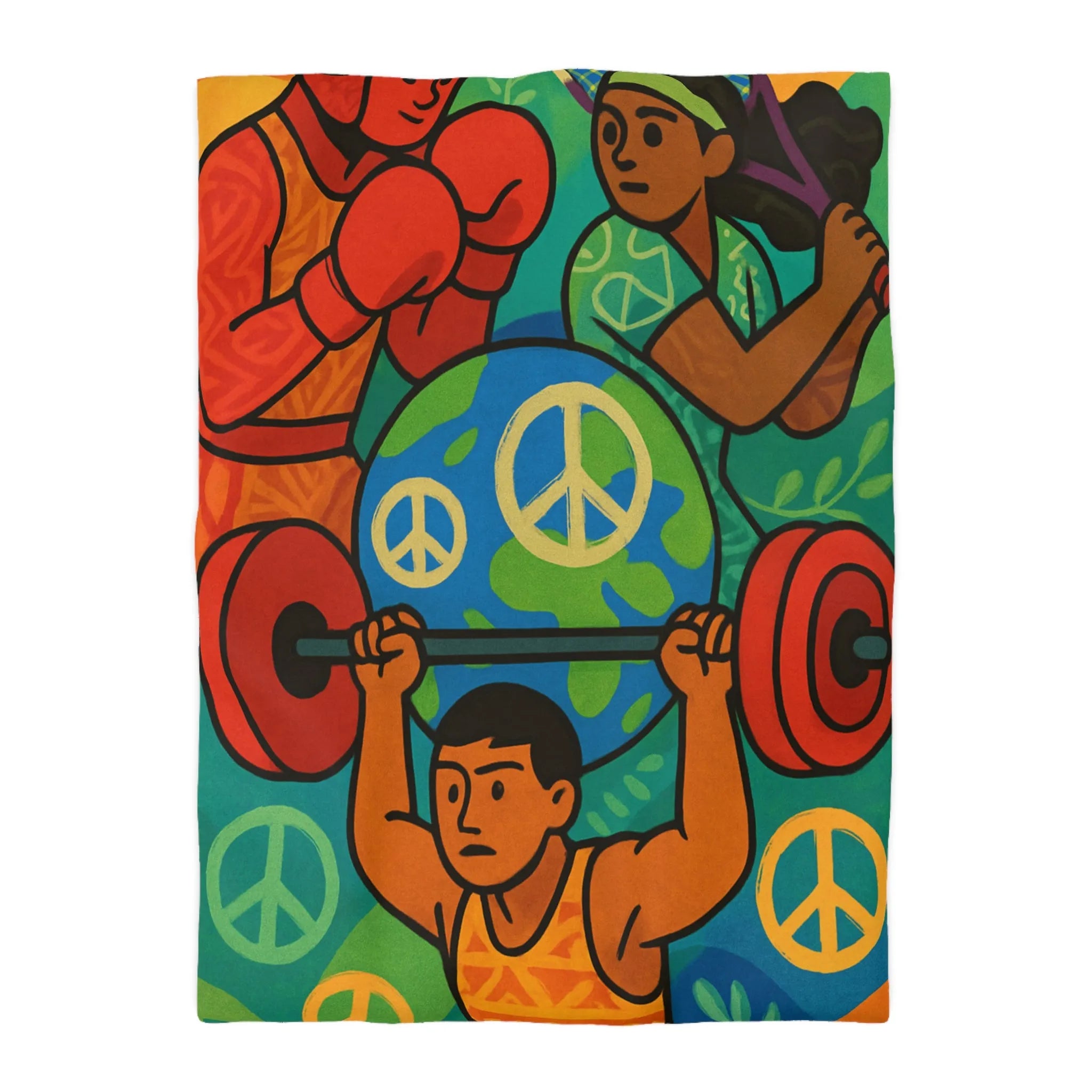 Housse de couette colorée avec athlètes et symboles de la paix, style artistique vibrant