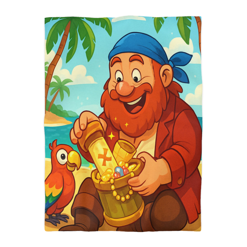 Housse de couette pirate joyeux trésor plage, perroquet coloré, mer et palmiers