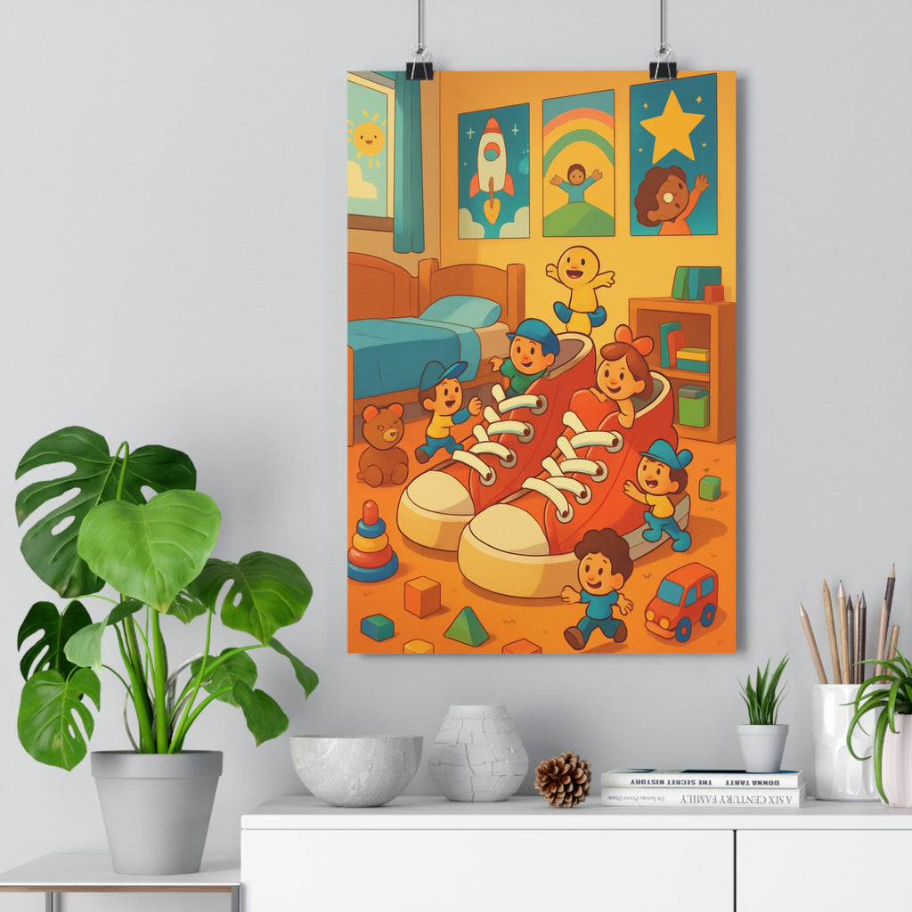 Poster décoratif enfant cartoon joyeux sneakers rouges jaune bleu chambre jeux fantaisie 50x70cm qualité