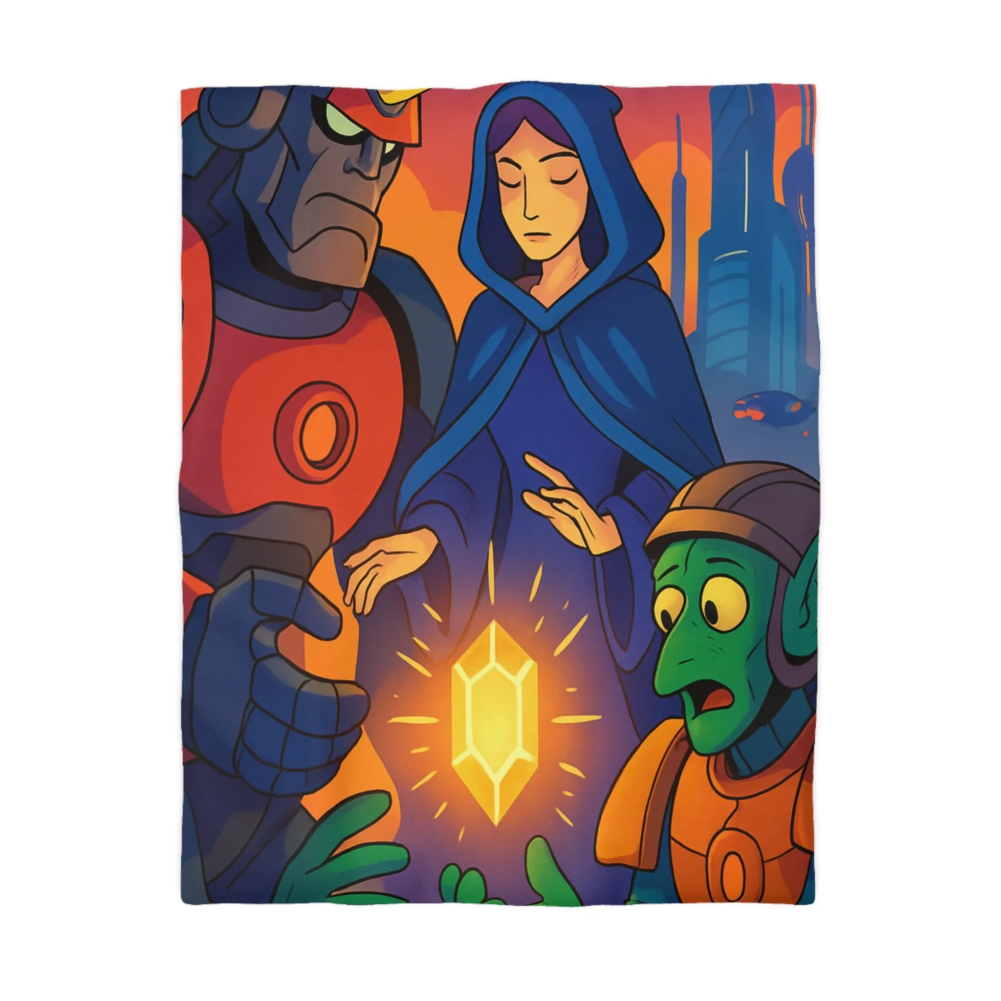 Housse de couette colorée avec illustration futuriste d'artefact mystérieux et personnages intrigants