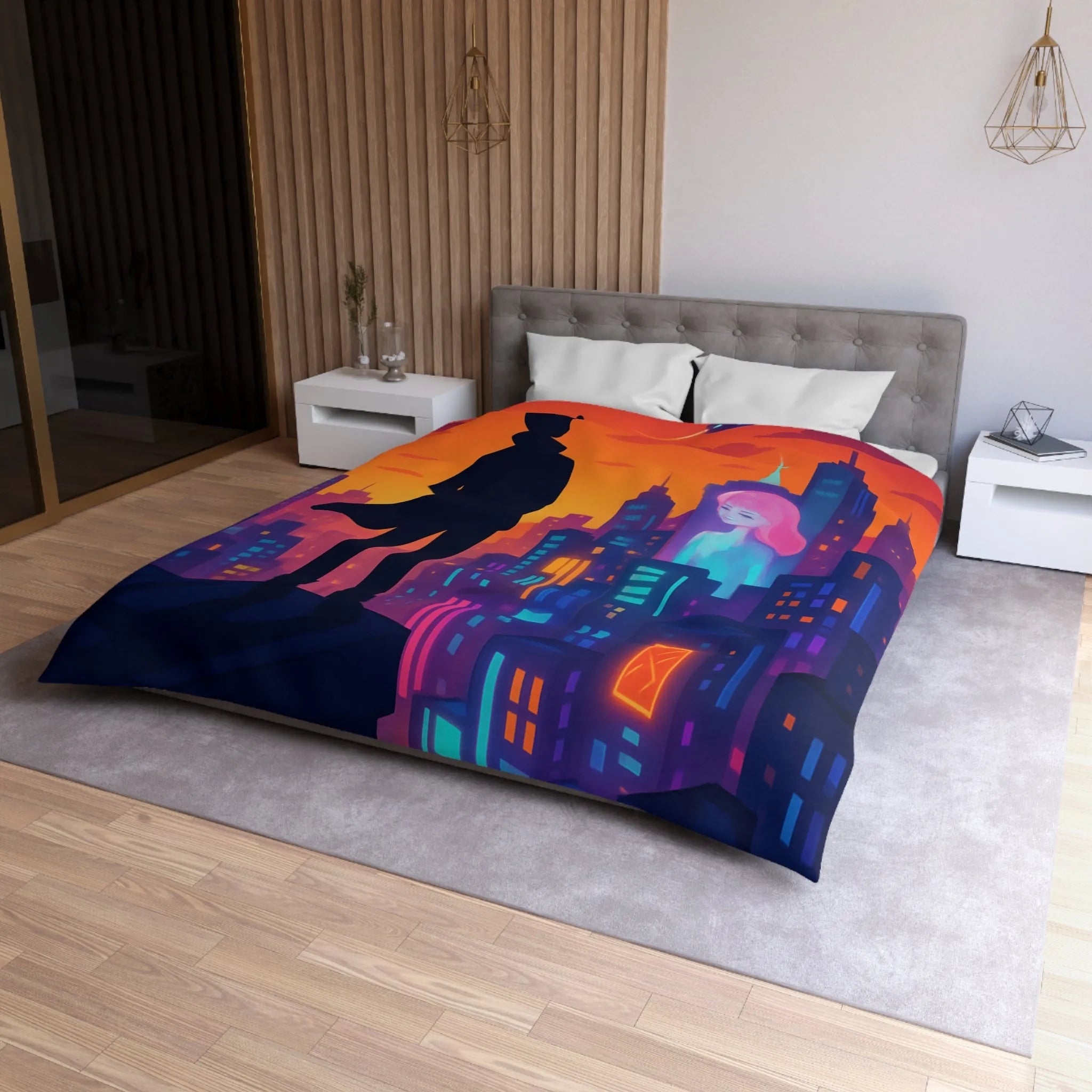 Housse de couette futuriste avec silhouette urbaine et couleurs vibrantes pour chambre moderne