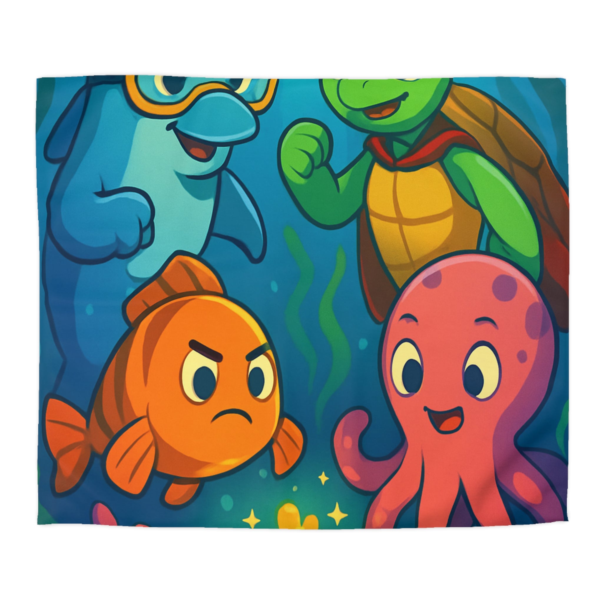 Housse de couette océan joyeux avec dauphin, tortue, poisson et pieuvre colorée