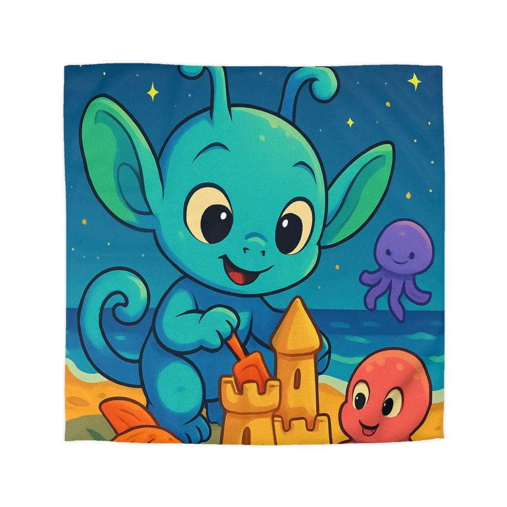 Housse de couette enfant avec créature bleue construisant un château de sable amusant
