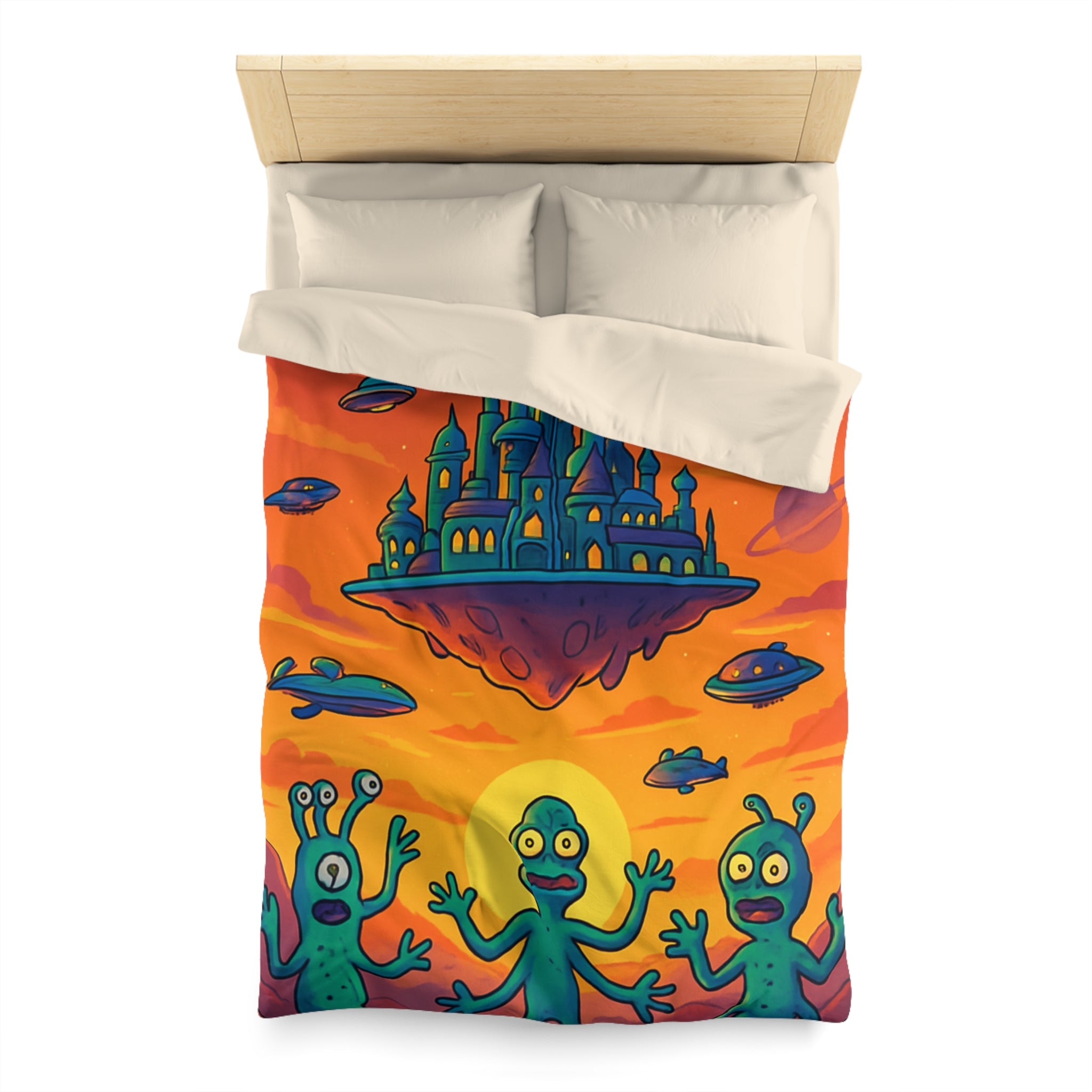 Housse de couette sur thème extraterrestre avec château flottant et OVNI colorés