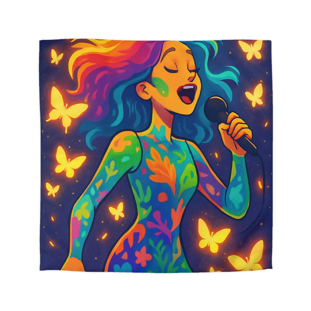 Housse de Couette Colorée : Artiste Chantant Entourée de Papillons Lumineux et Vibrants
