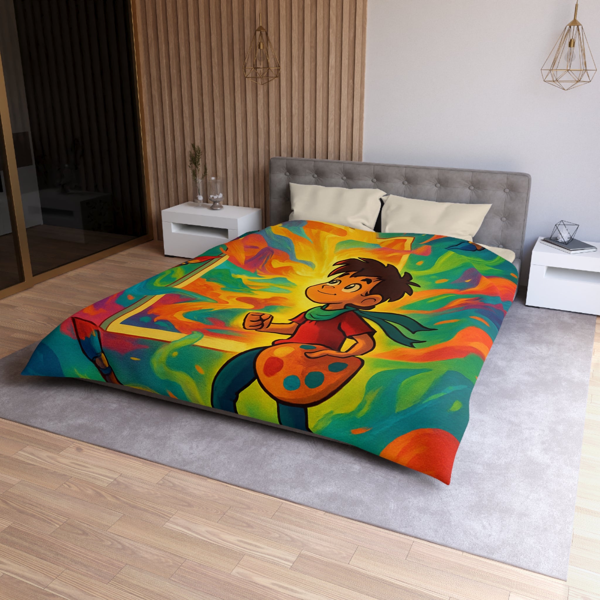 Housse de couette multicolore avec artiste créatif et peinture de pinceaux magiques