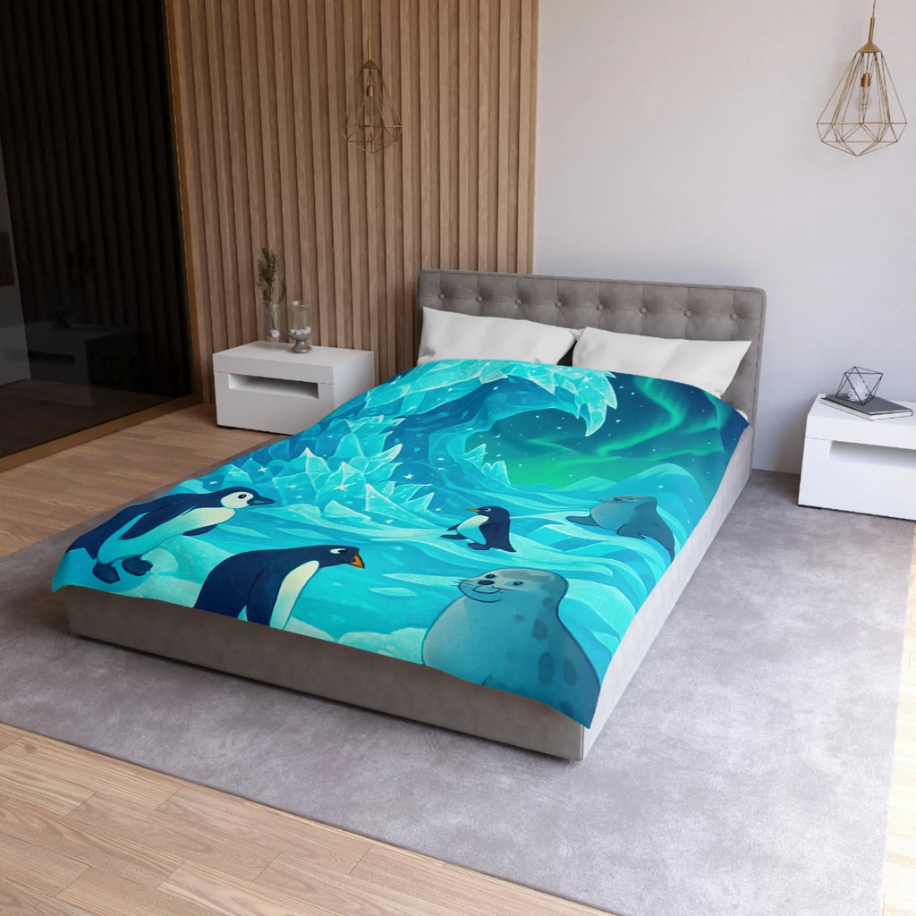 Housse de Couette avec Manchots et Phoques sous Aurore Boréale sur Glace Étincelante