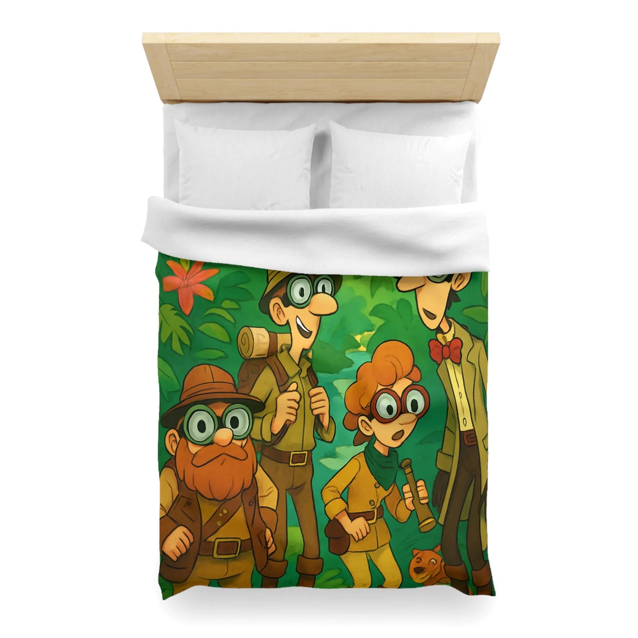 Housse de couette jungle colorée avec explorateurs, perroquet et singe aventureux