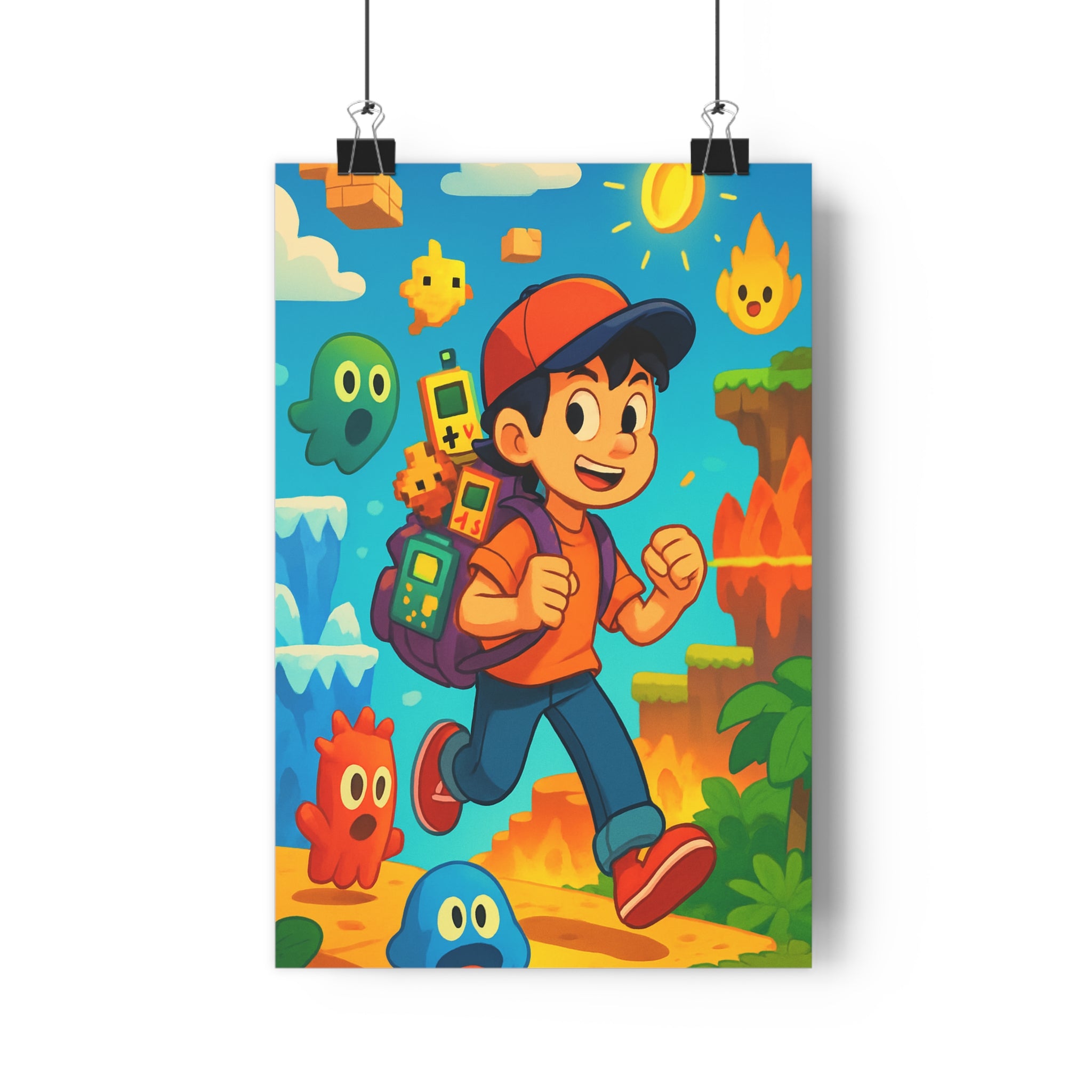 Poster décoratif aventurier pixelisé rétro cartoon coloré joyeux chambre enfant ludique 30x46 cm qualité
