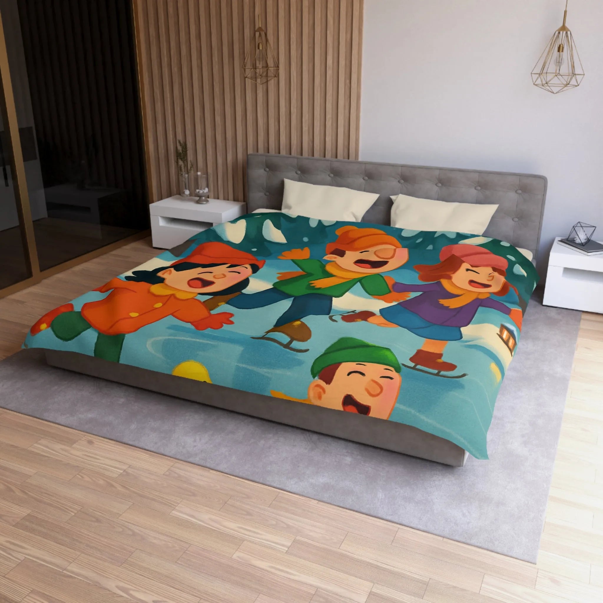 Housse de couette hiver joyeuse avec enfants et petits canards patinant sur glace