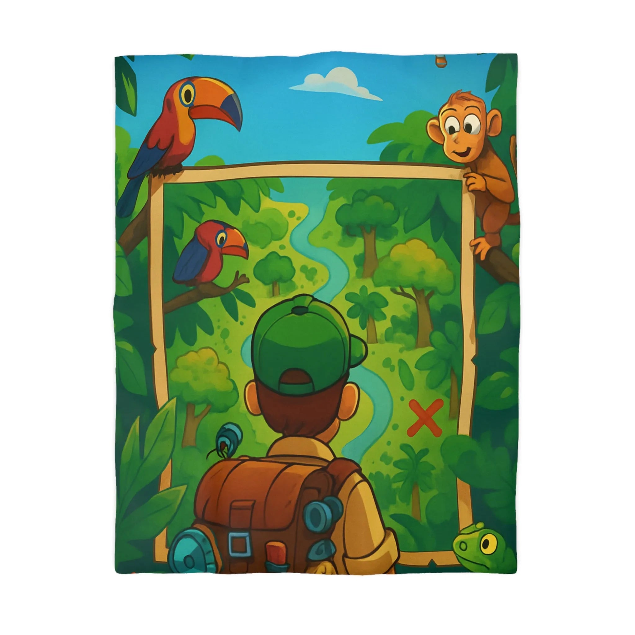 Housse de couette jungle avec enfant explorateur, singe, perroquet et montgolfière colorée