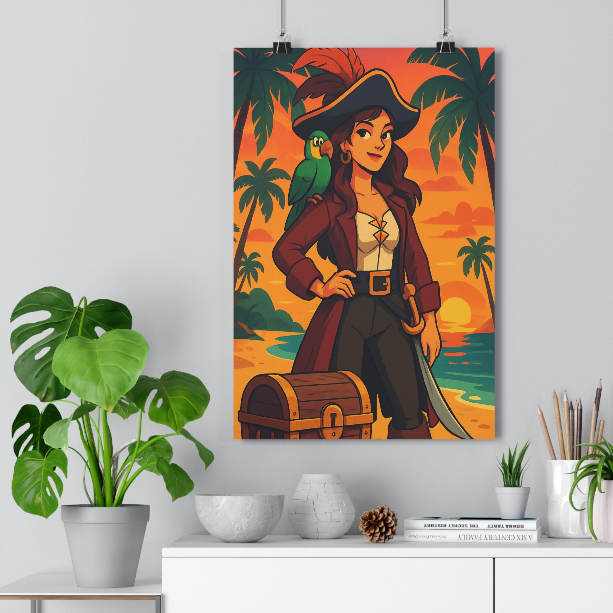 Poster décoratif pirate exotique coucher soleil tropical perroquet aventure cartoon chambre enfant coloré vibrant