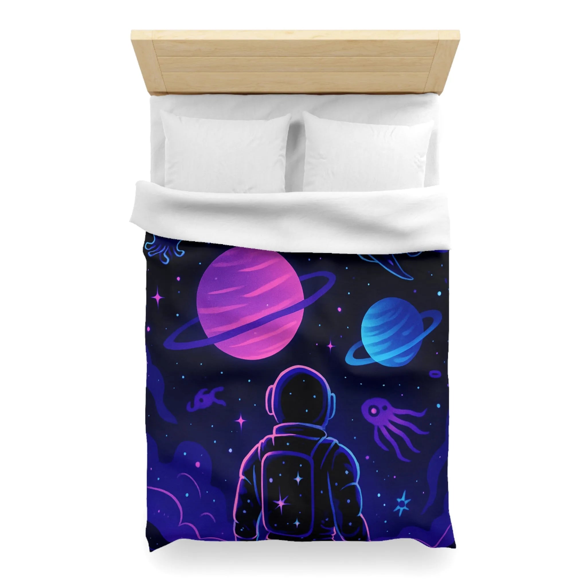 Housse de couette cosmique colorée avec astronaute, planètes et motifs galactiques rêveurs