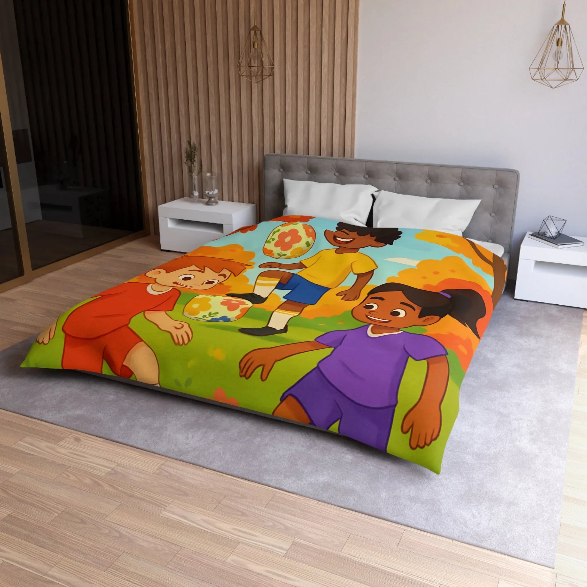 Housse de Couette Enfant Animée, Jeu de Ballon en Automne aux Couleurs Vives