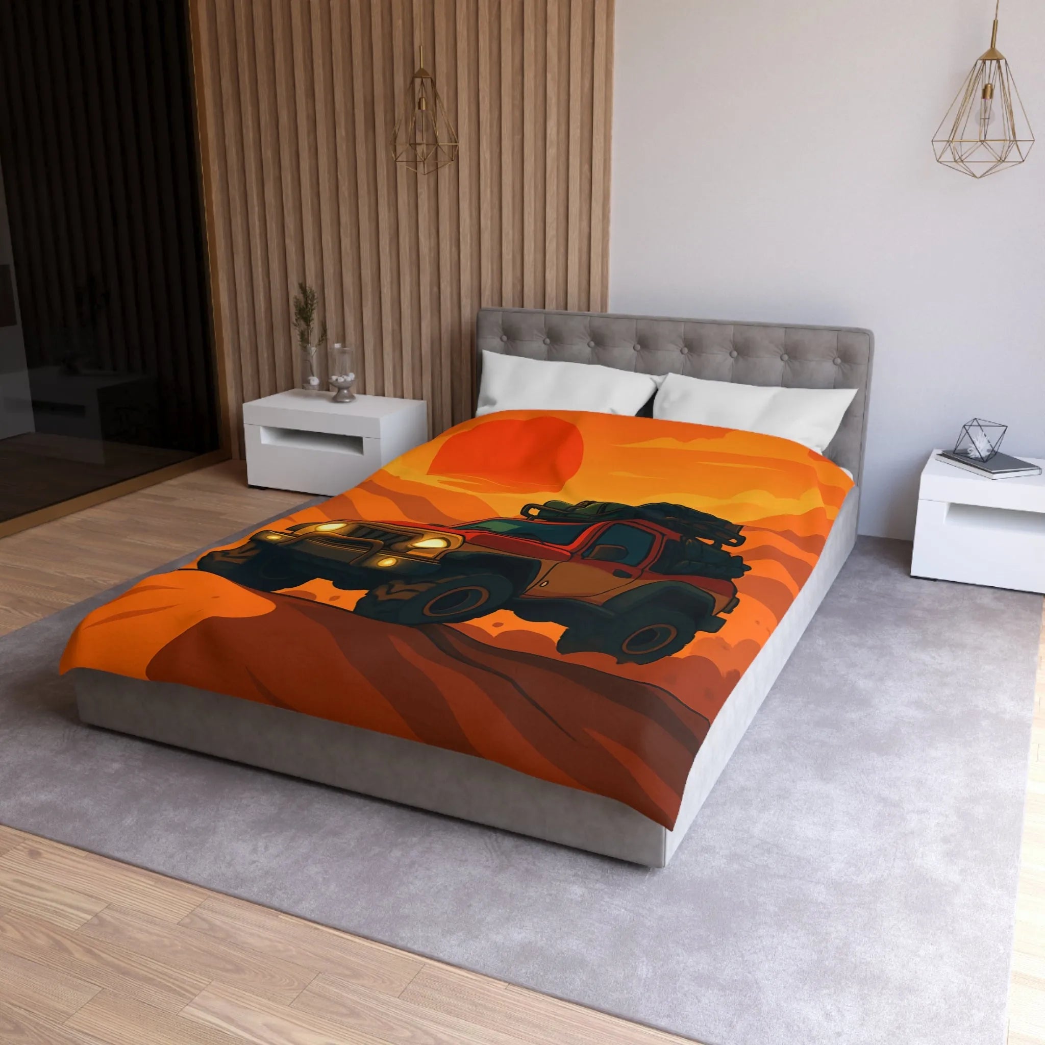 Housse de couette aventure désert rouge avec 4x4 et coucher de soleil éclatant